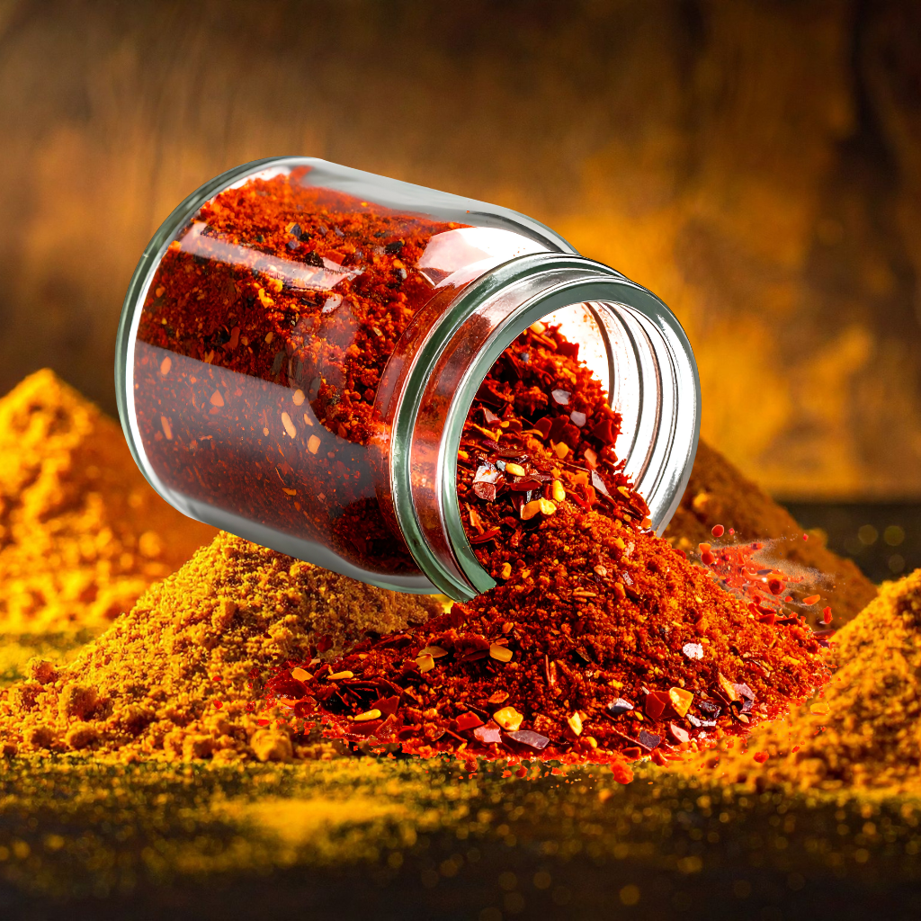 Farverige og aromatiske krydderier som gurkemeje, chili og kardemomme i skeer og skåle.