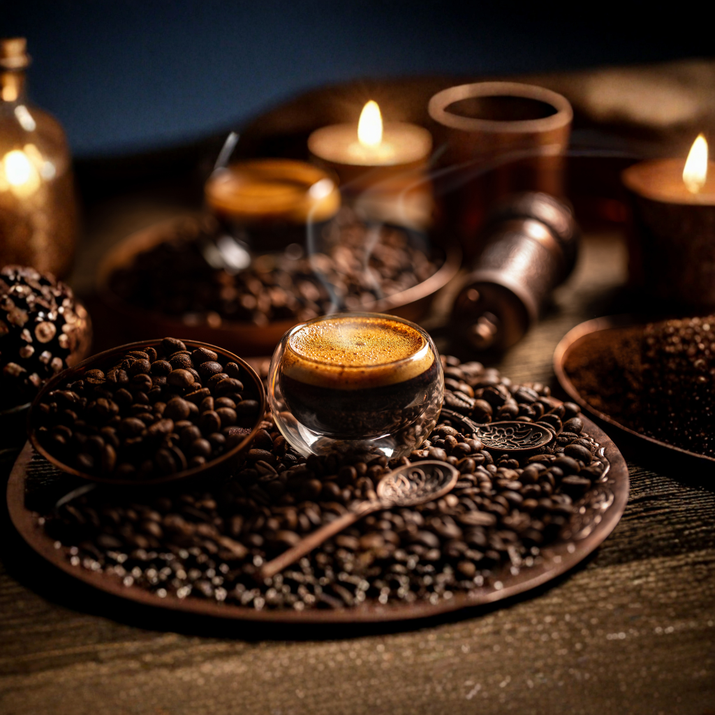 Ristede mørke kaffebønner, der strømmer ud af en rustik jutesæk ved siden af en kop friskbrygget, cremet kaffe.