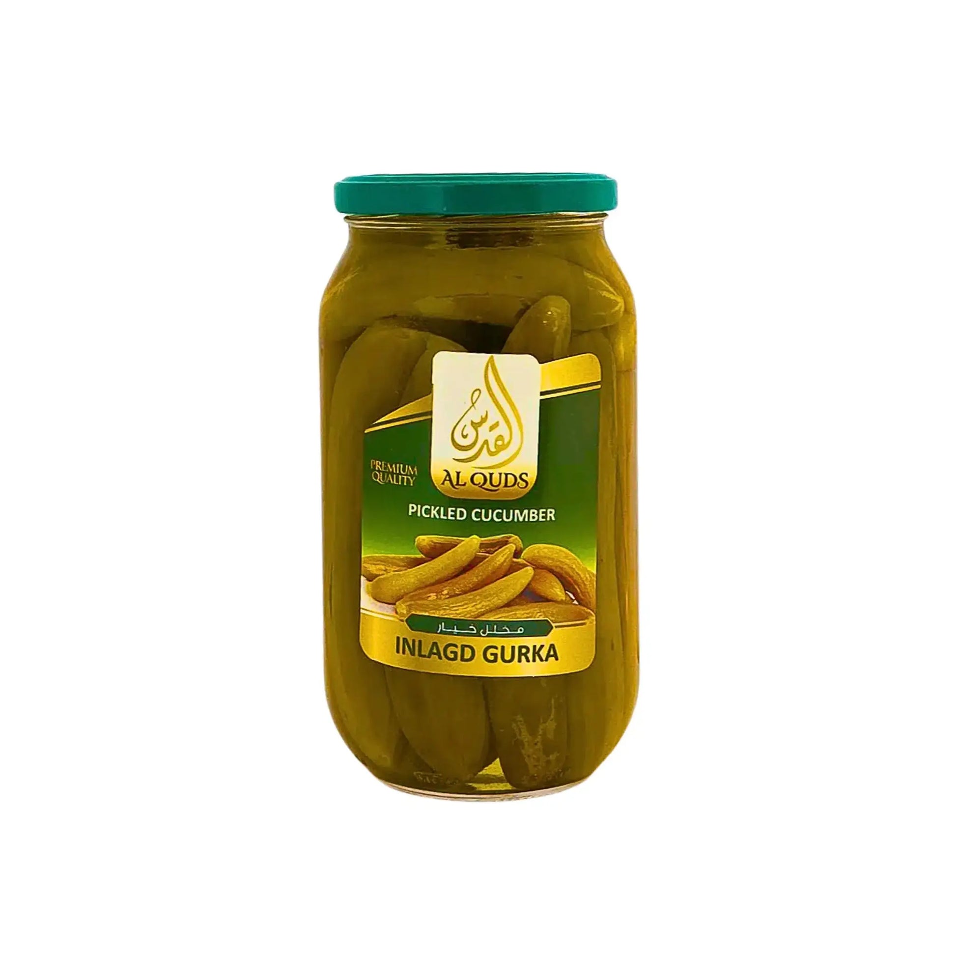 AlQuds inlagd gurka 600g i glasburk, orientaliska picklade gurkor mot vit bakgrund