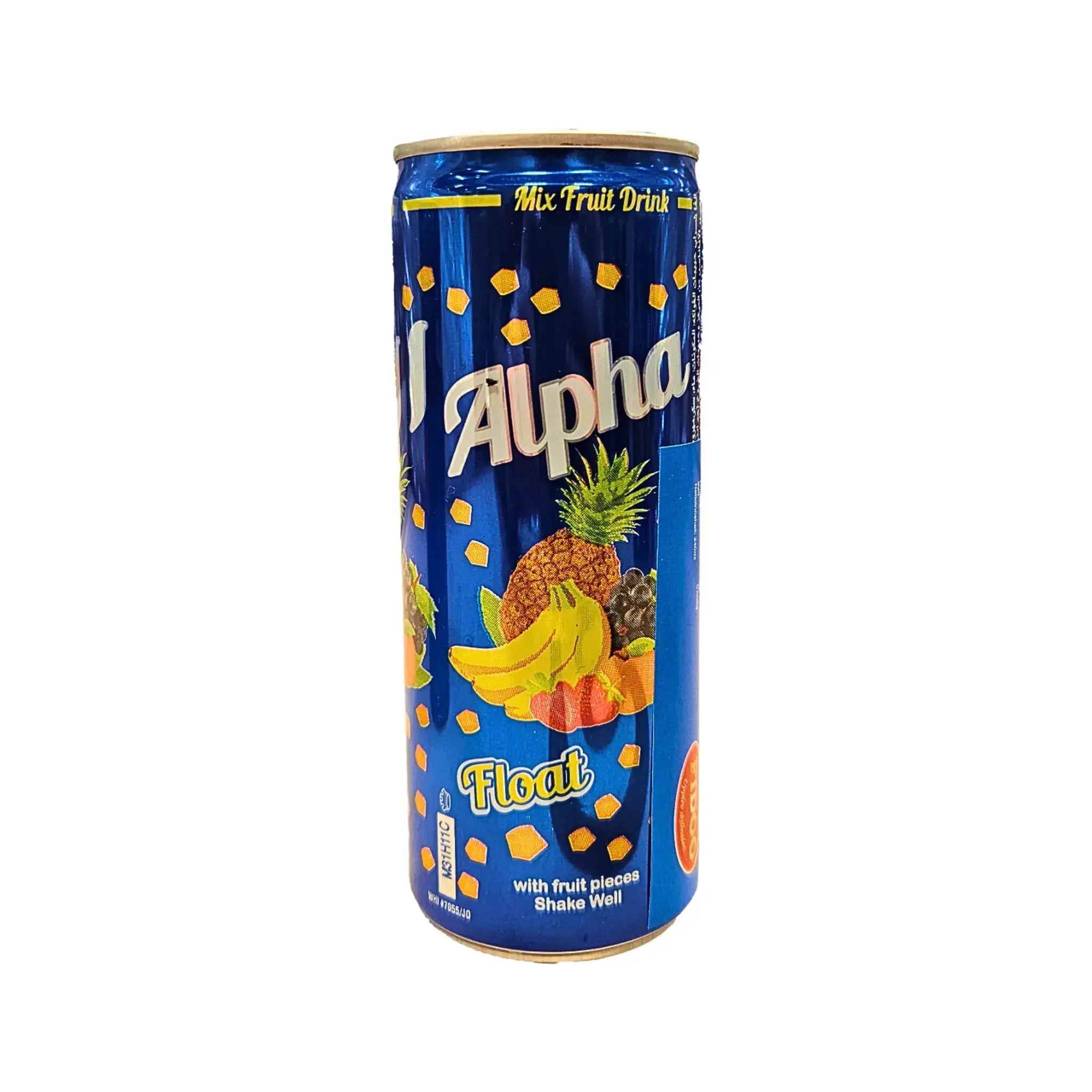 AlphaMix fruktdryck burk med flytande fruktbitar, tropiska frukter på blå etikett
