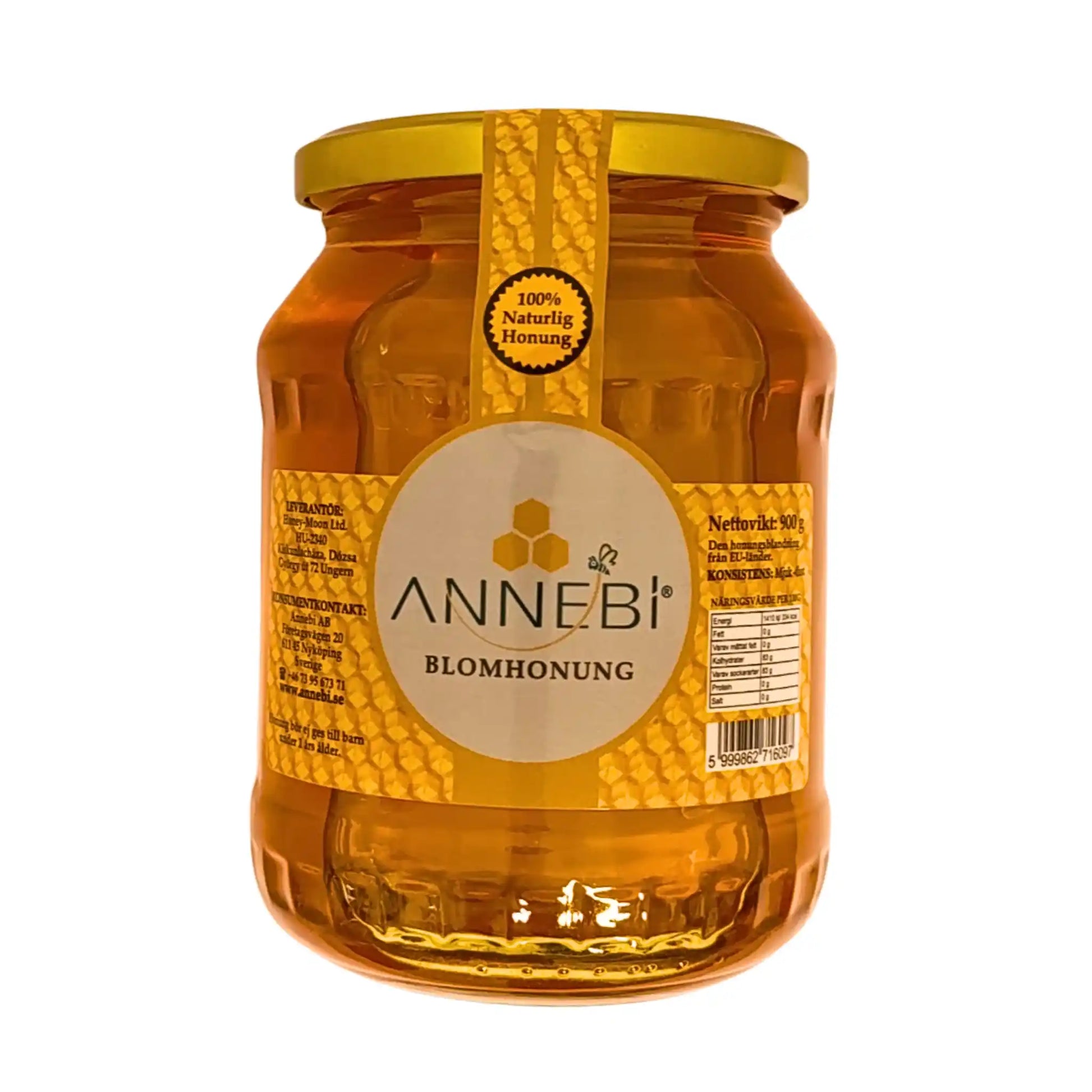 Glasburk med ANNEBI blomsterhonung 900g, gyllengul naturlig honung med etikett.