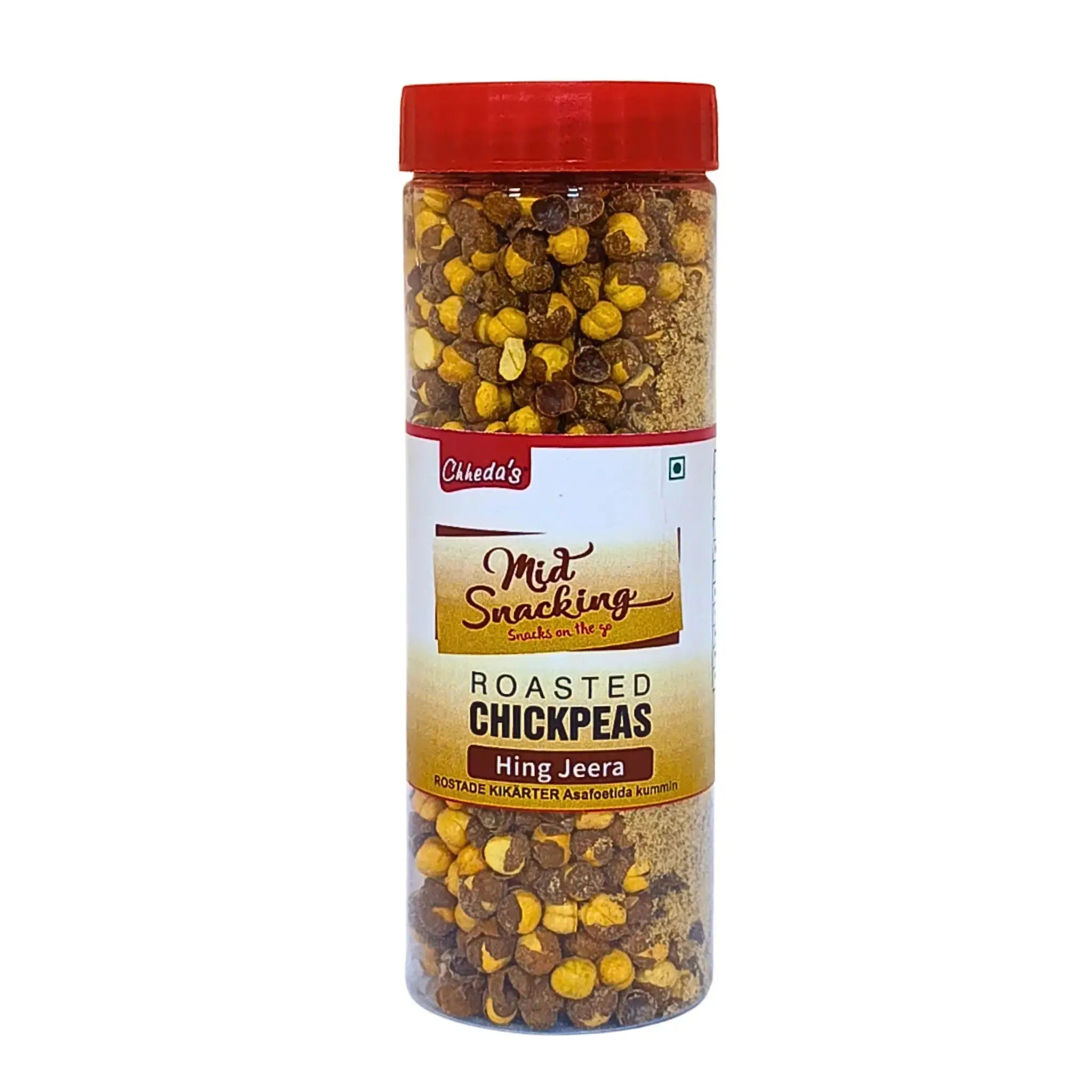 Burk med rostade kikärtor med asafoetida och kummin, orientalisk snacksprodukt.