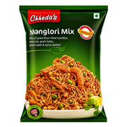 Grön snackpåse med Chheda's Mangalori Mix och bild av krispiga nudlar