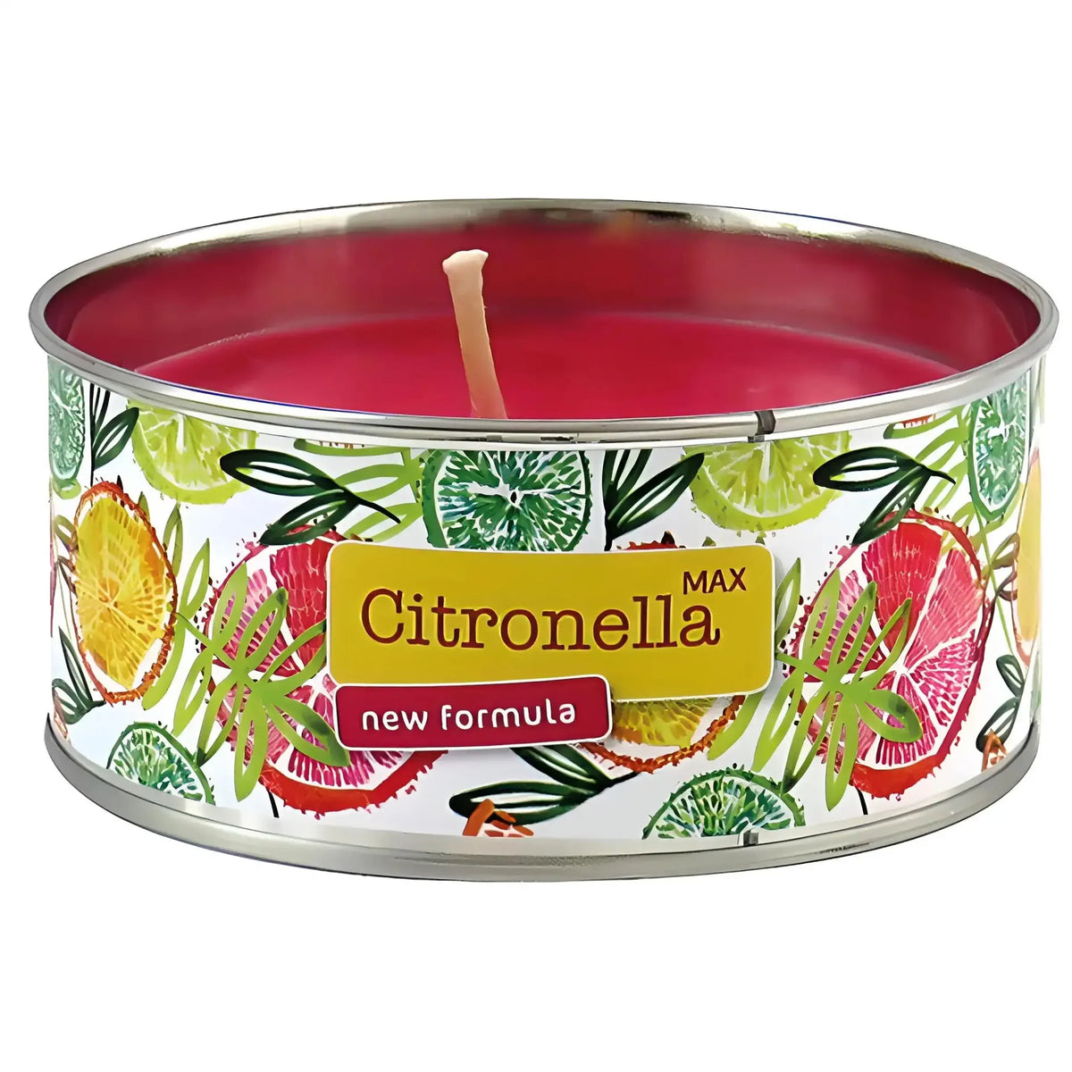 Citronella ljusburk med färgglad citrusdesign, rosa vax och etikett med texten 'new formula'.