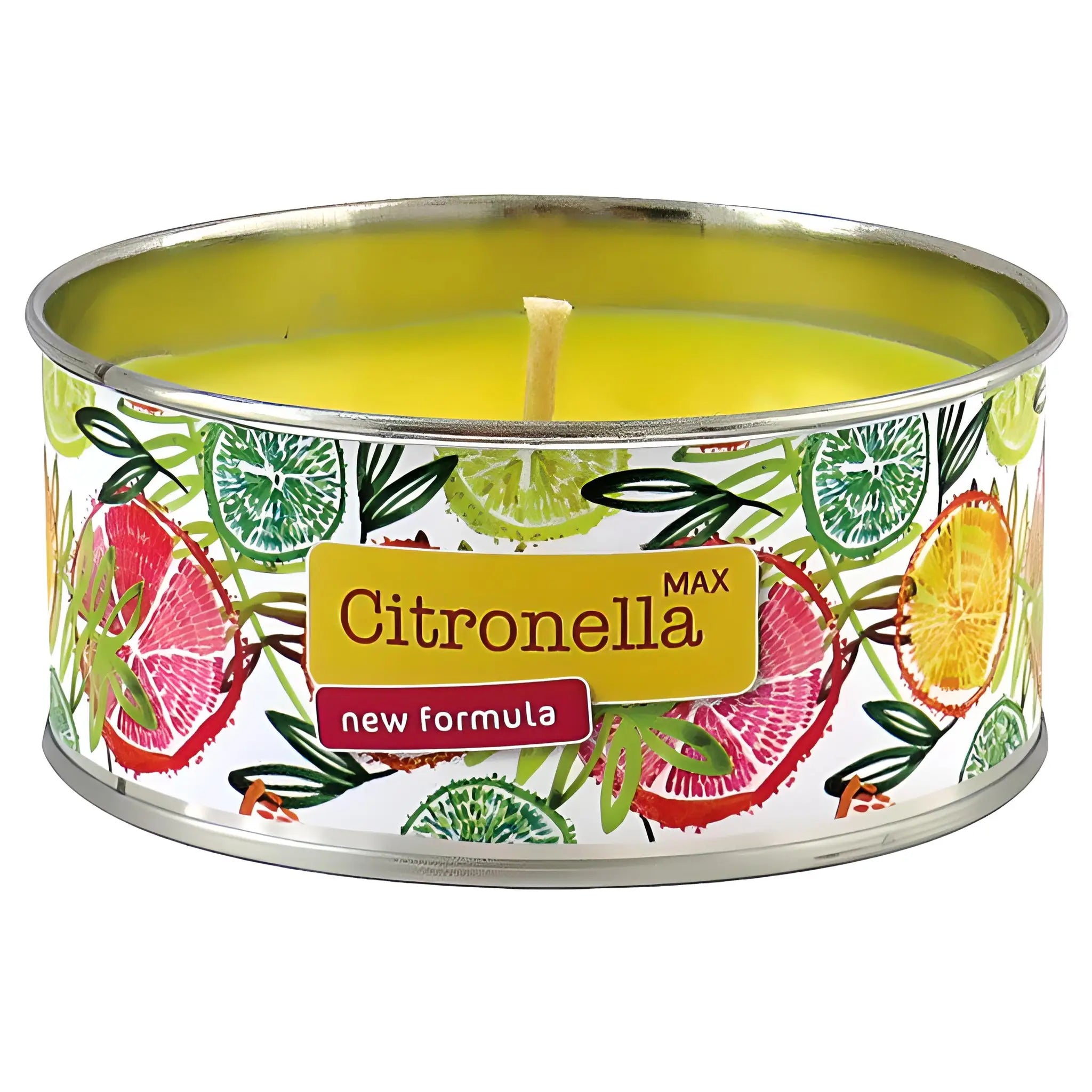 Gult citronellaljus i metallburk med citrusmotiv och texten Citronella MAX new formula