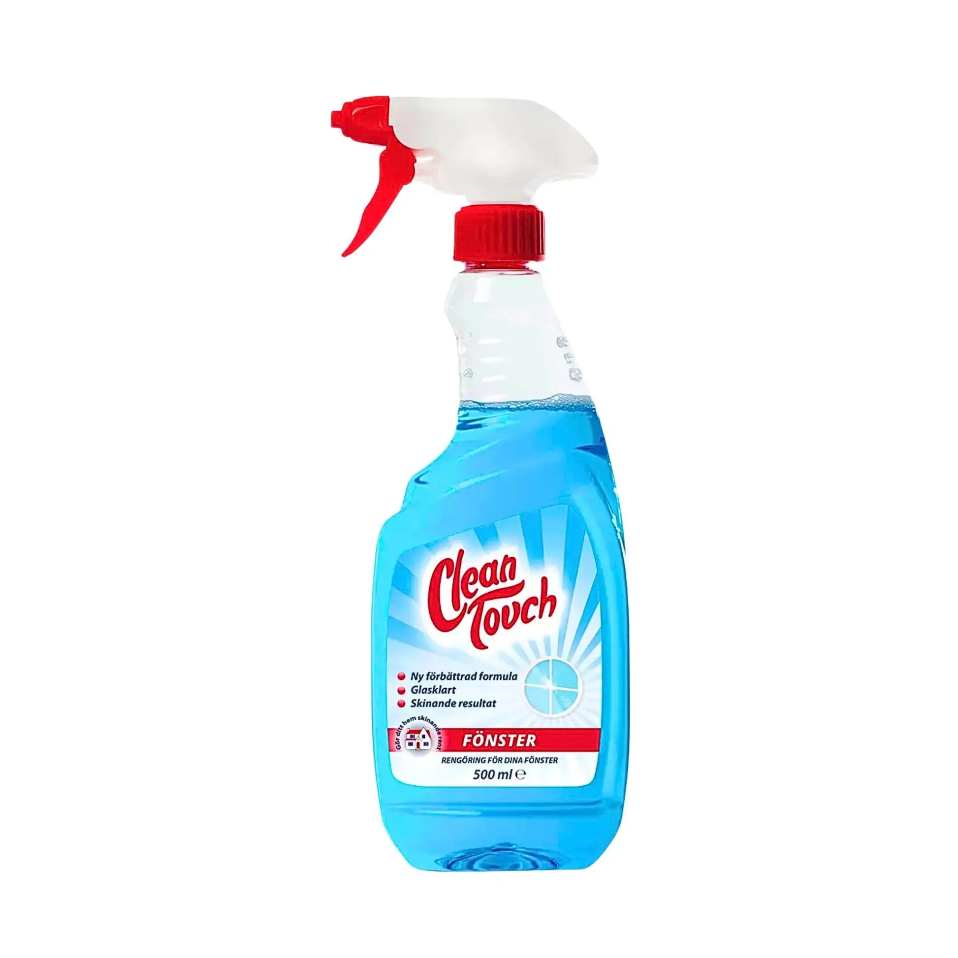 Clean Touch glasrengöring sprayflaska 500 ml för fönster, blå vätska, vit bakgrund