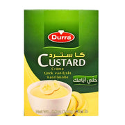 Custardpulver vaniljsmak Durra, förpackning med bild på skål tjock vaniljsås och bananskivor.