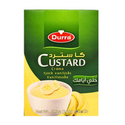Custardpulver vaniljsmak Durra, förpackning med bild på skål tjock vaniljsås och bananskivor.