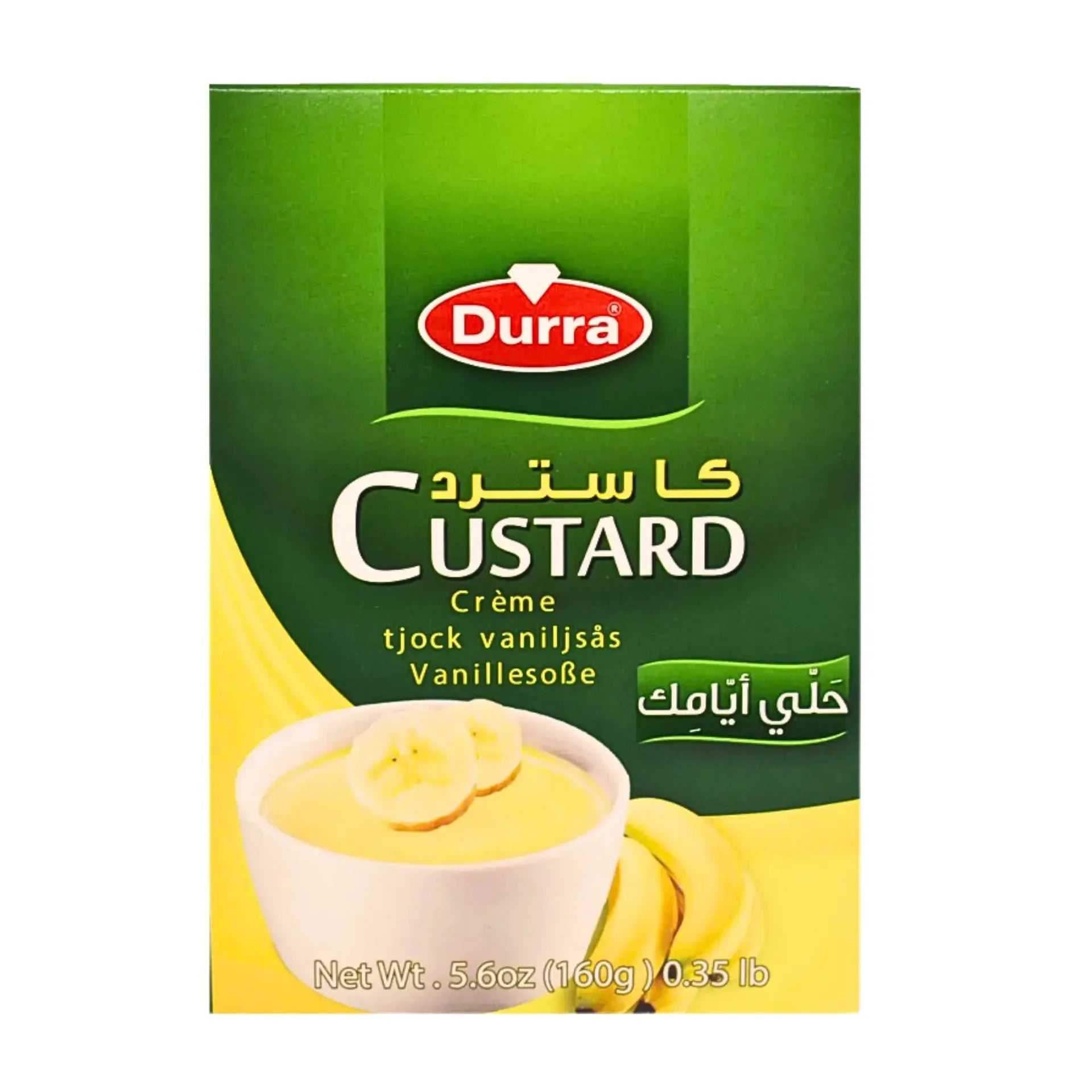 Custardpulver vaniljsmak Durra, förpackning med bild på skål tjock vaniljsås och bananskivor.