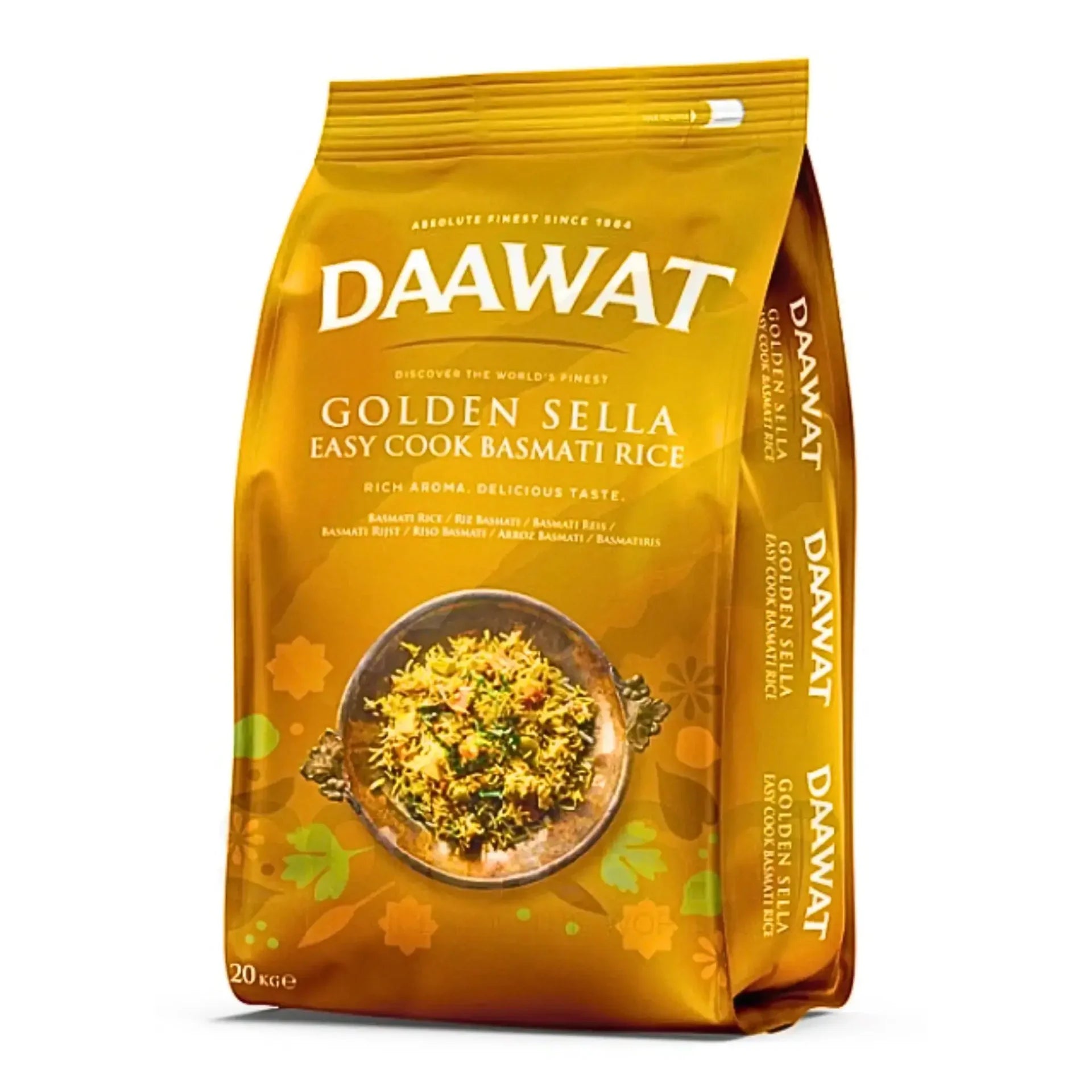 Daawat Golden Sella basmatiris 20 kg påse med gul förpackning och risbild fram