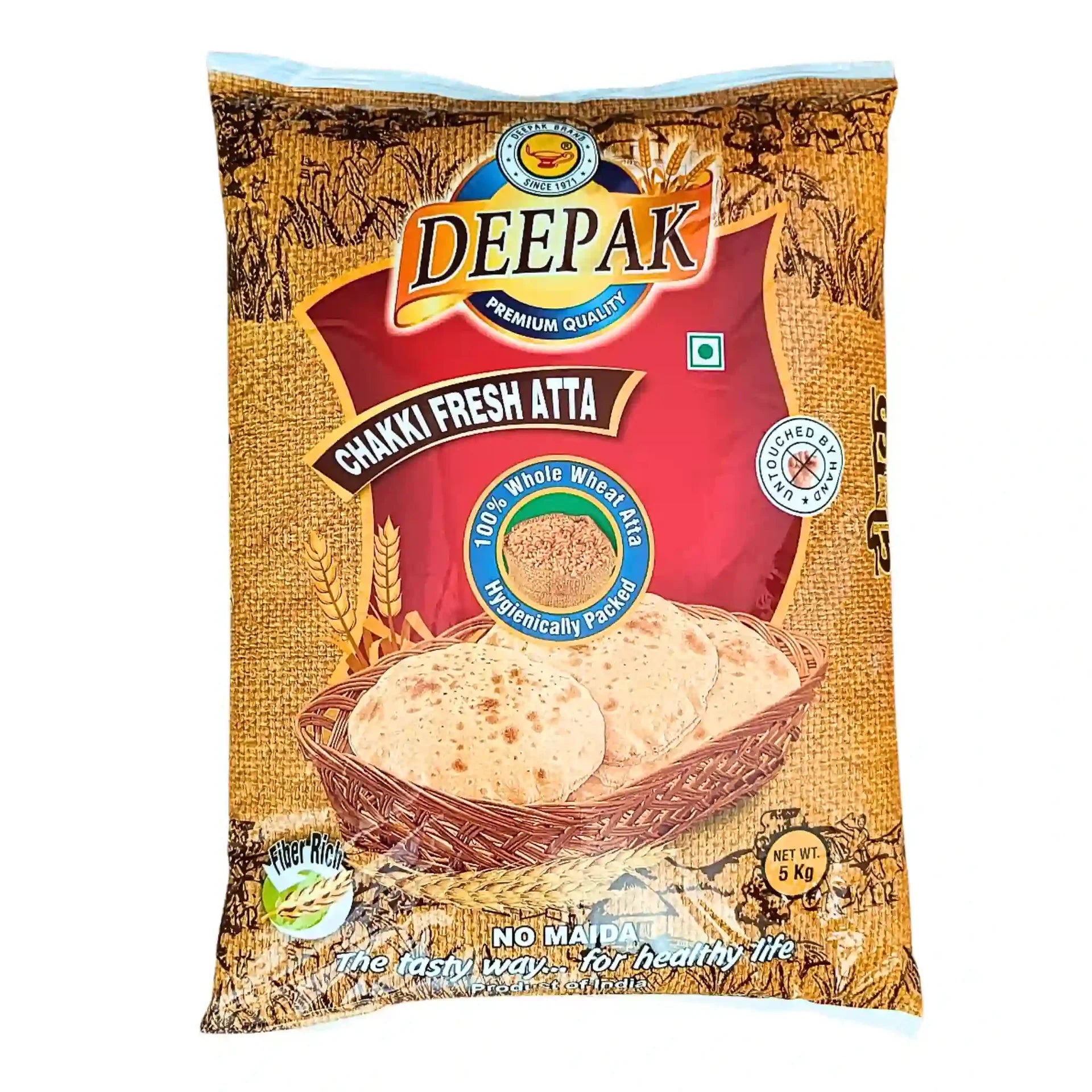 Deepak Chakki Fresh Atta 5 kg paket, fullkornsvetemjöl med bild på färska rotis