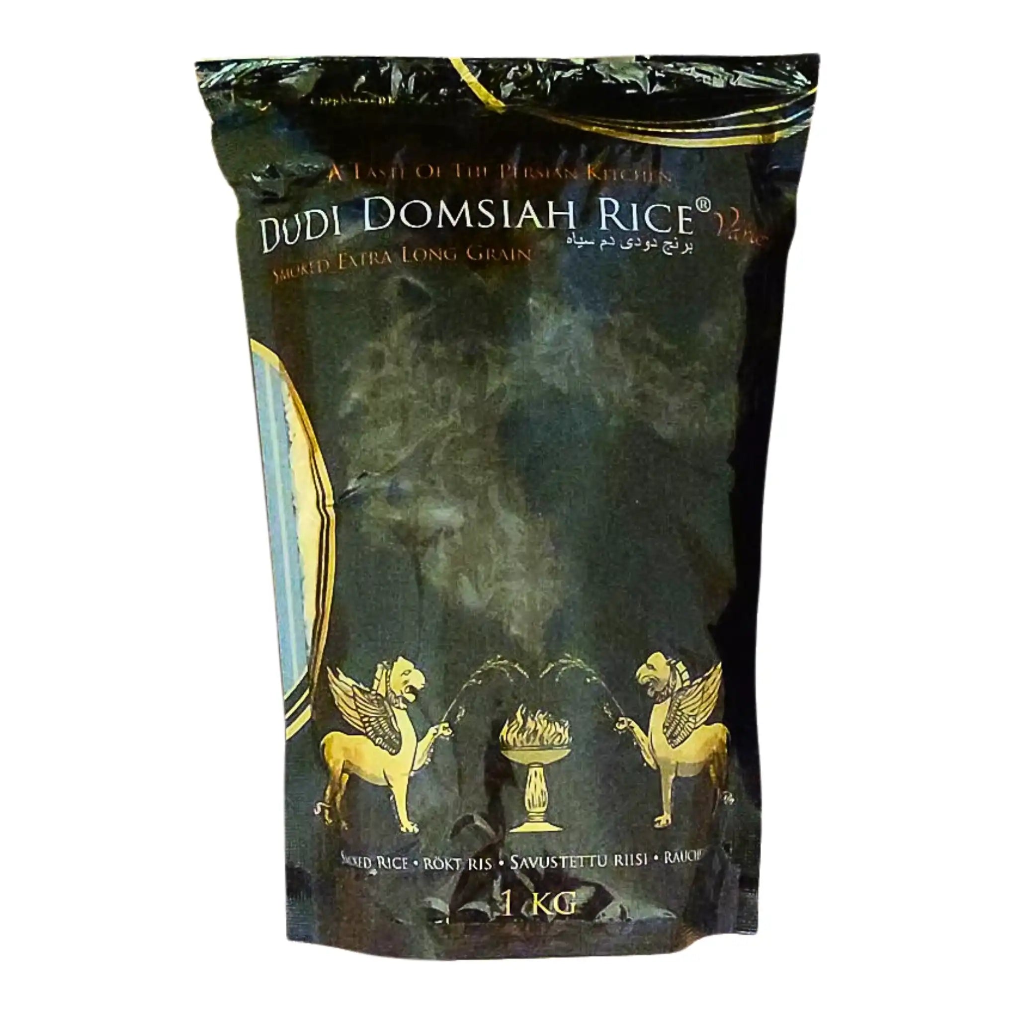 Dudi Domsiah rök ris 1kg, svart påse med guldfärgade orientaliska motiv, extra långkornigt ris.