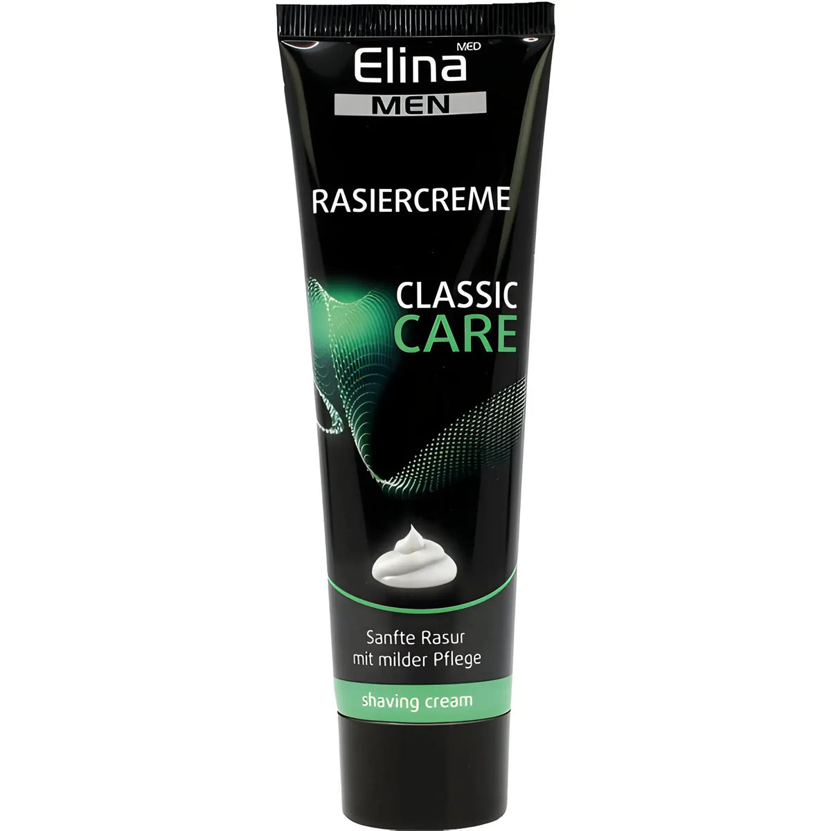 Elina Men rakkräm tub, svart med grön design, classic care milt raklödder för män