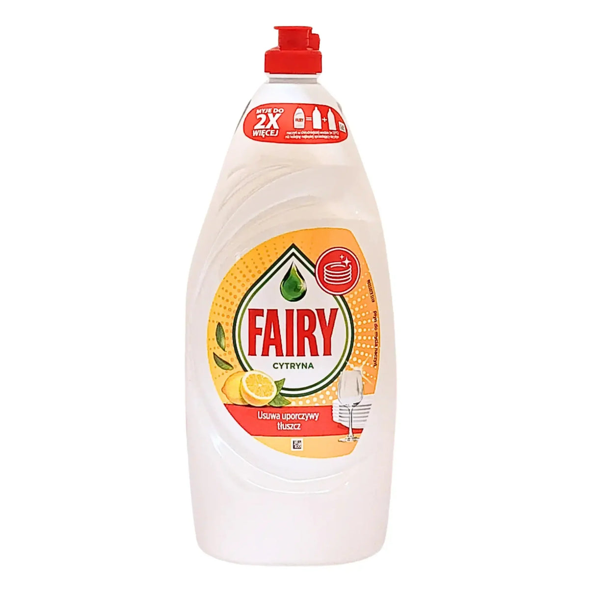 Fairy diskmedel citron 900 ml flaska med röd kork och citronskivor på etiketten