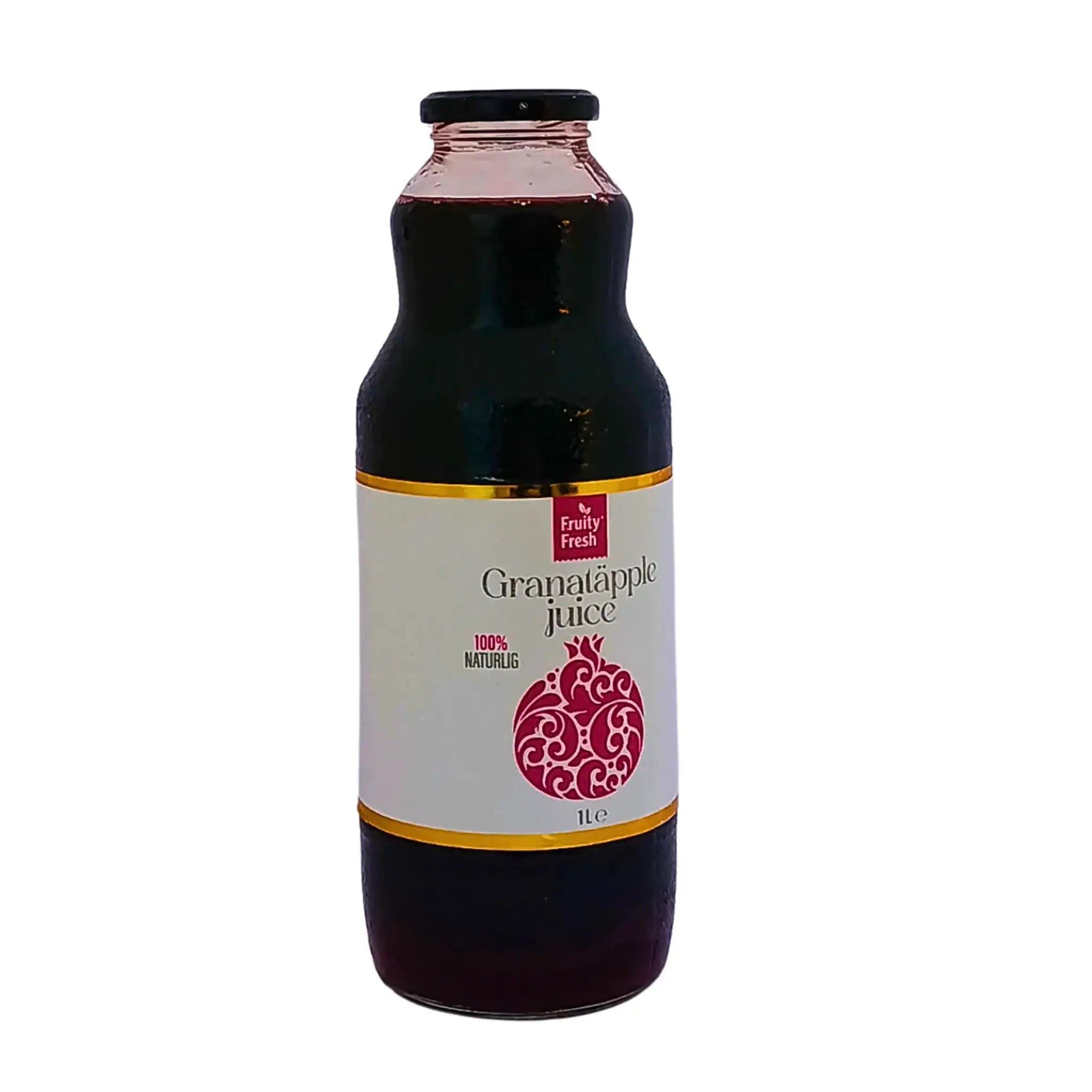 Fruity Fresh granatäpplejuice 1L flaska, 100% naturlig, orientalisk dryck på vit bakgrund