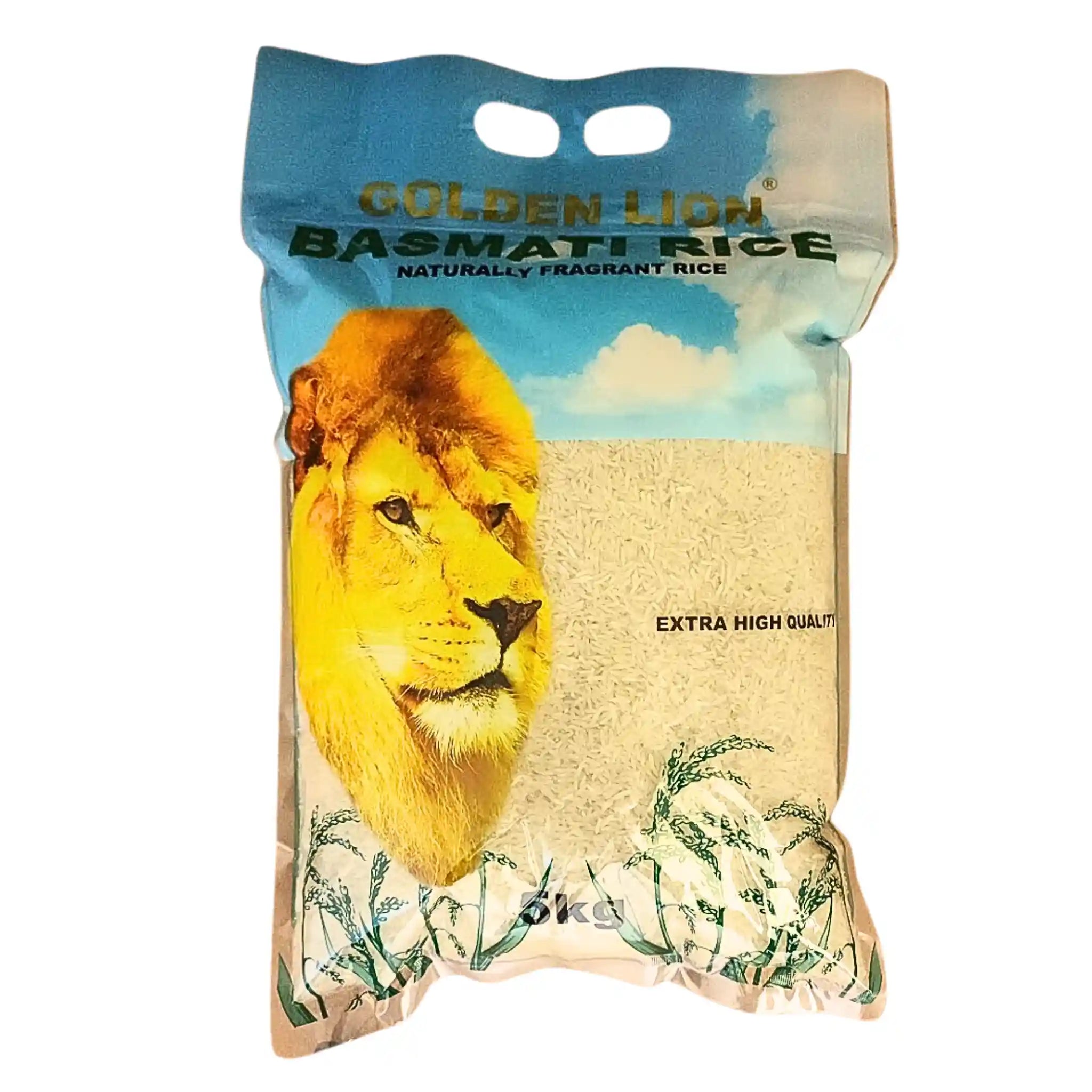 Golden Lion basmatiris 5 kg förpackning med lejonmotiv, högkvalitativt orientaliskt ris