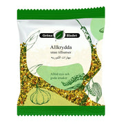 Förpackning med orientaliska kryddor, text 'Allkrydda utan tillsatser', gröna illustrationer av vitlök och peppar.