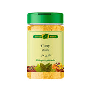 Burk med stark curry från Gröna Bladet, orientalisk krydda, gul etikett och grön lock.