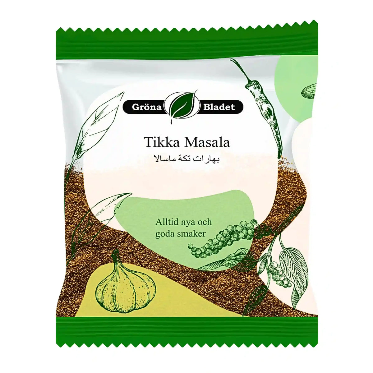 Gröna Bladet Tikka Masala kryddpåse, 40g, vit grön förpackning med kryddillustrationer
