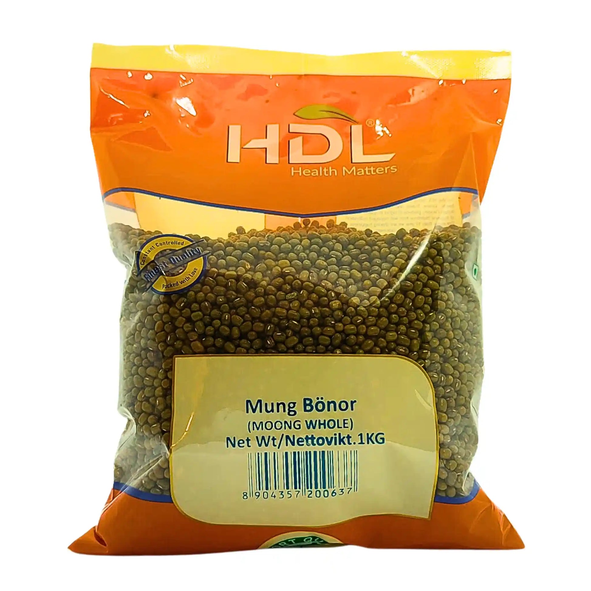 Påse med hela mungbönor 1 kg, orientaliska bönor, HDL-märkt förpackning.