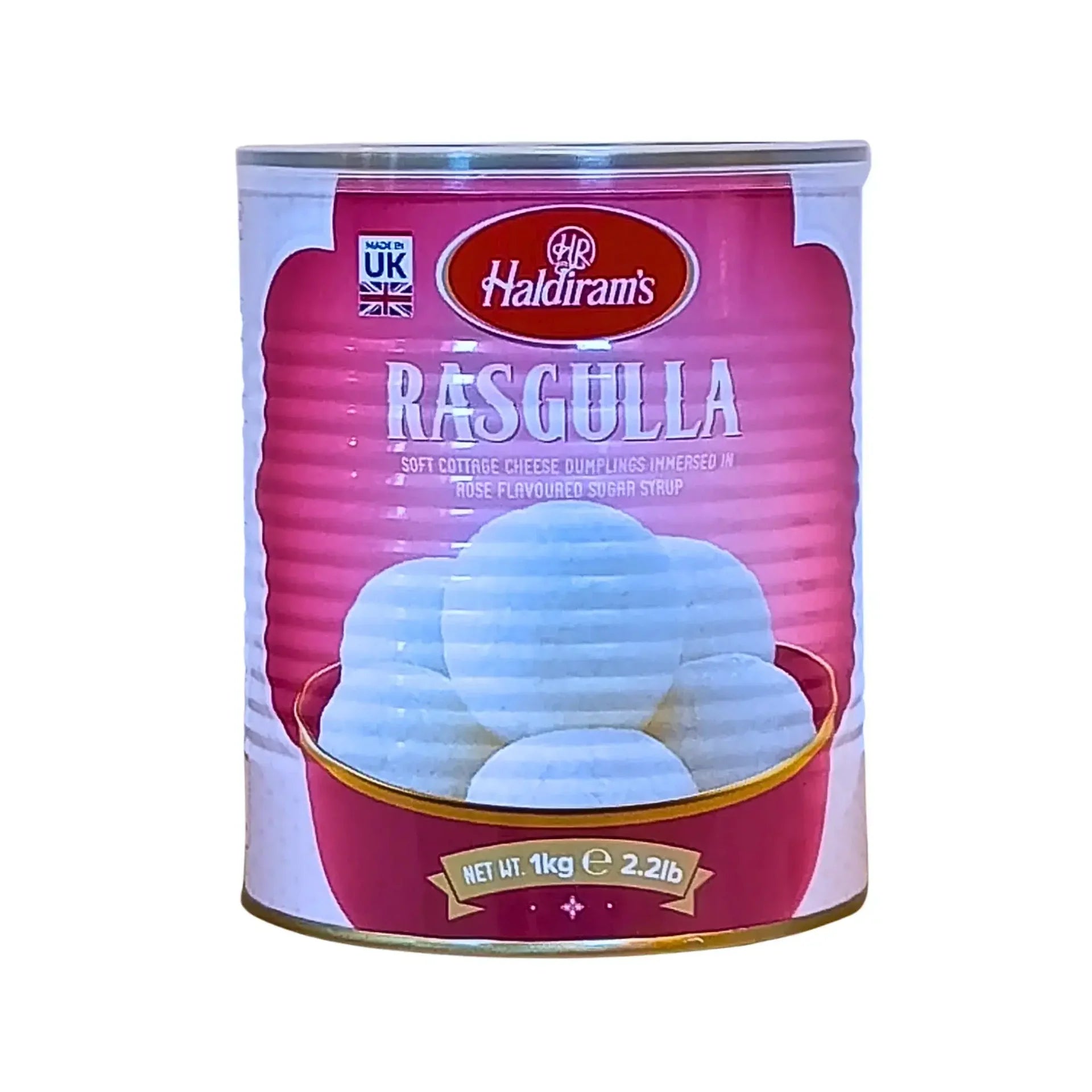 Konservburk med Haldiram's Rasgulla 1kg, indisk dessert i sockerlag på vit bakgrund