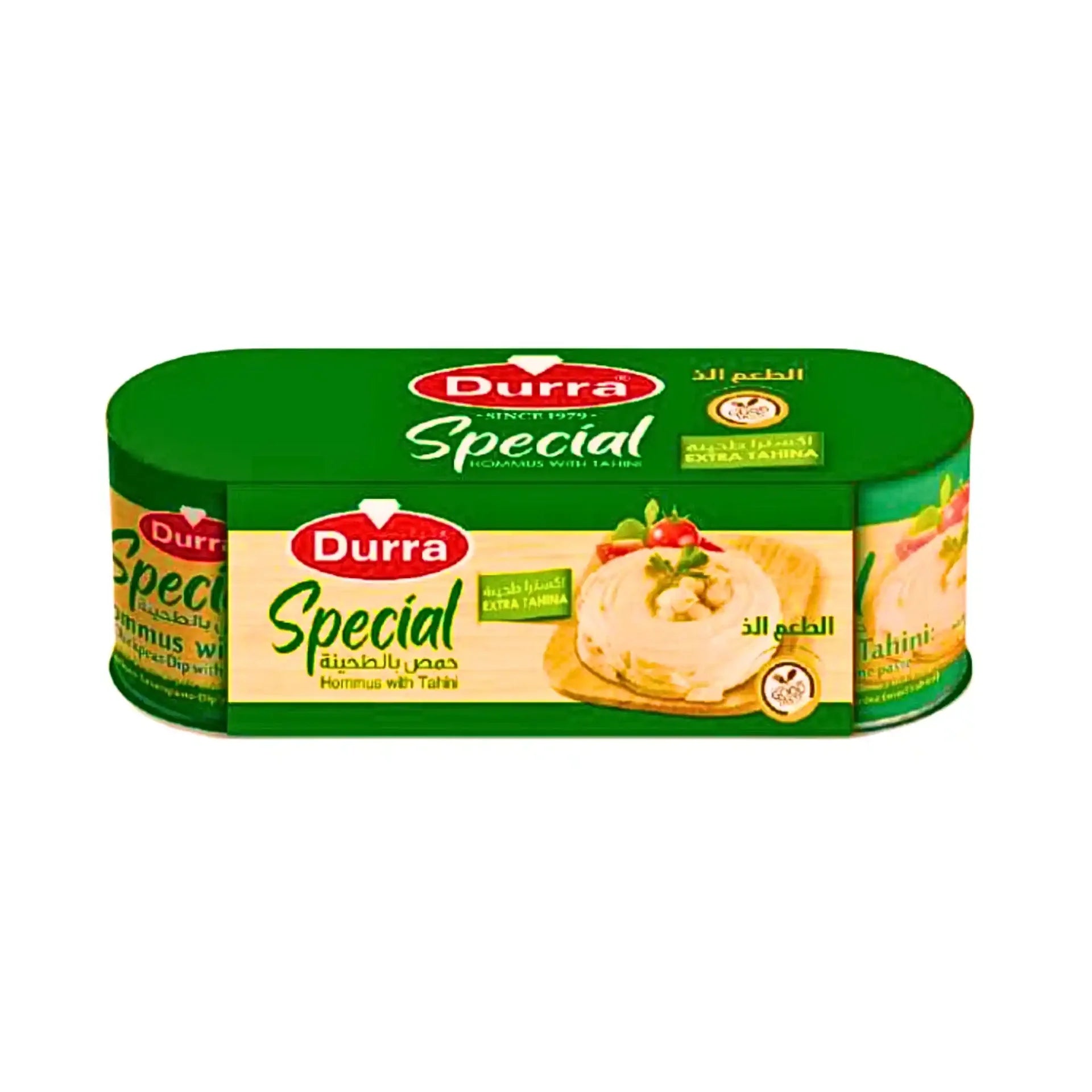 Durra hummus med tahini burk, grön och beige förpackning, orientaliskt pålägg
