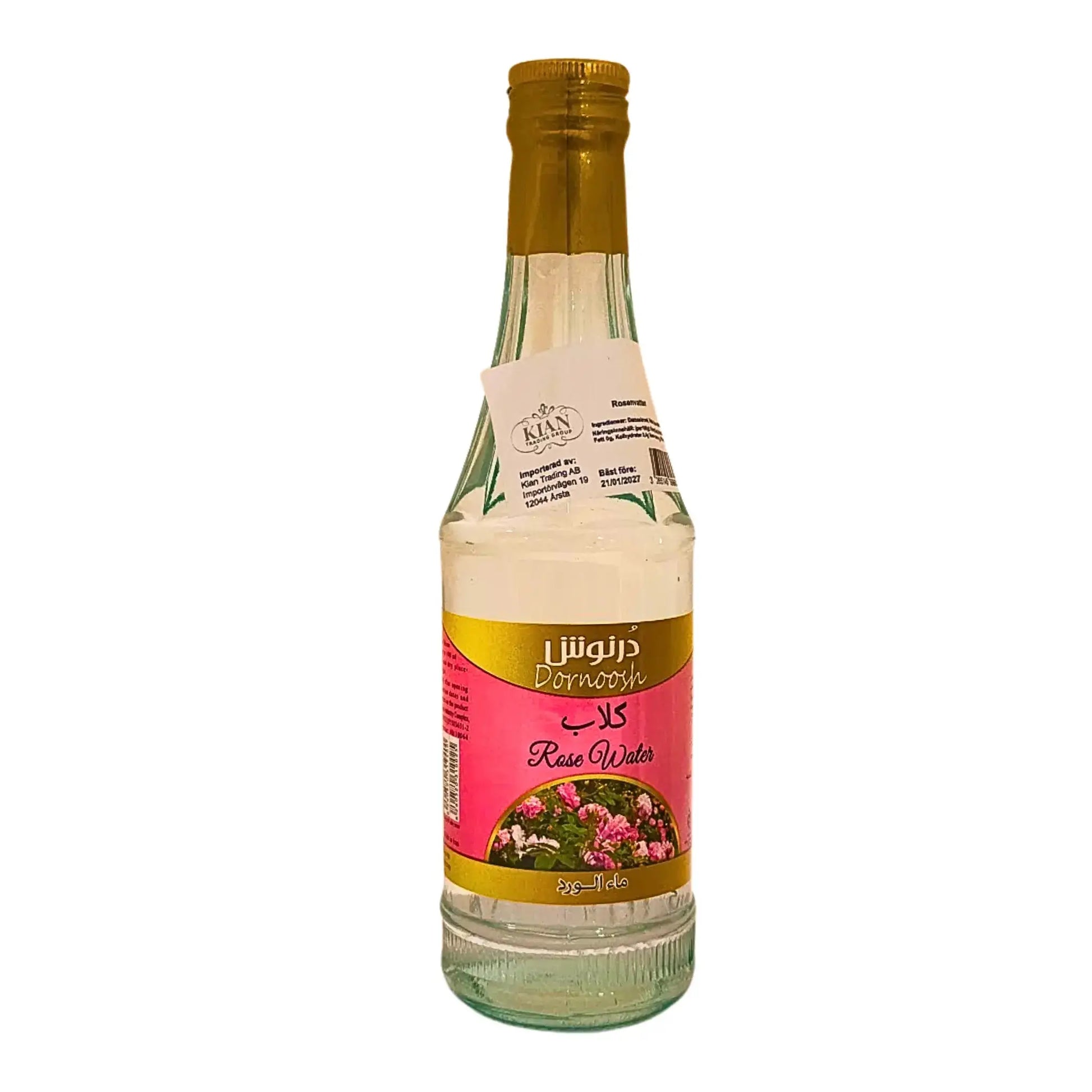 Flaska med iranskt rosenvatten Dornnoosh 500ml med rosa och gul etikett mot vit bakgrund