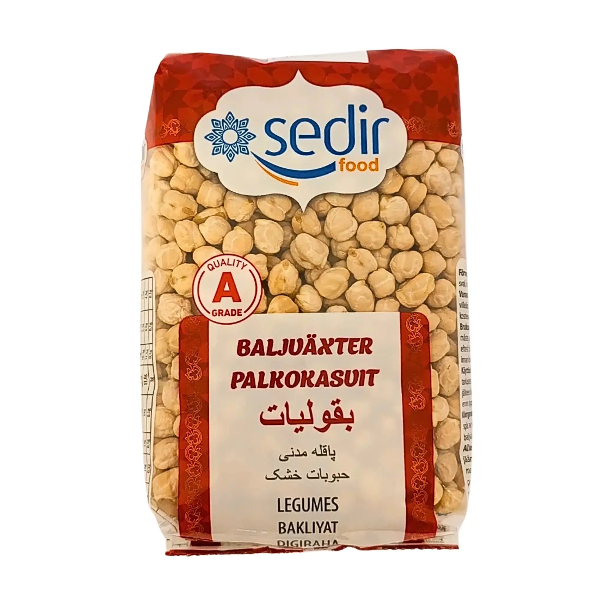 Förpackning med stora kikärtor, Sedir Food, baljväxter, orientalisk mat.