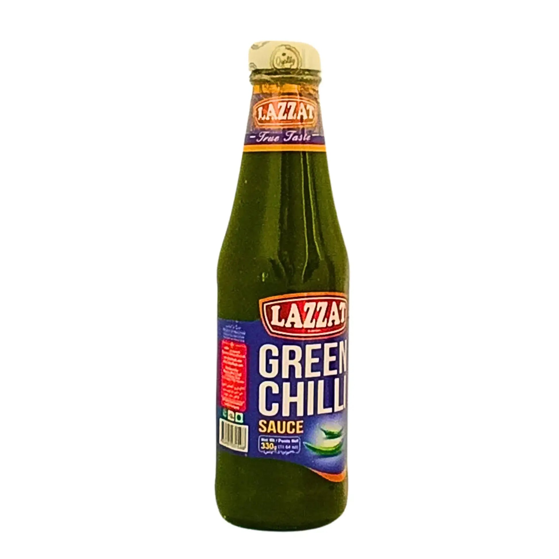 Grön chilissås 330g flaska med etikett, orientaliskt livsmedel.