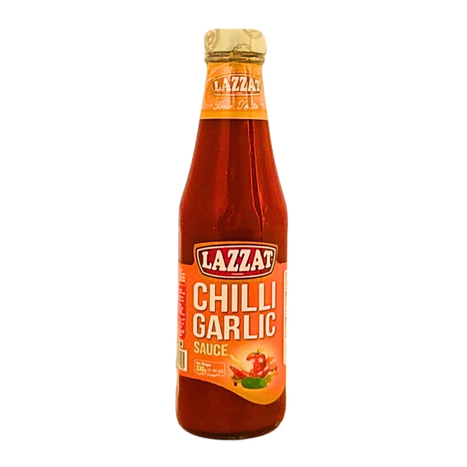 Flaska med Lazzat chili vitlökssås 330g, stark orientalisk sås.