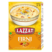 Lazzat rispuddingmix saffran och mandel, förpackning med bild på färdig dessert