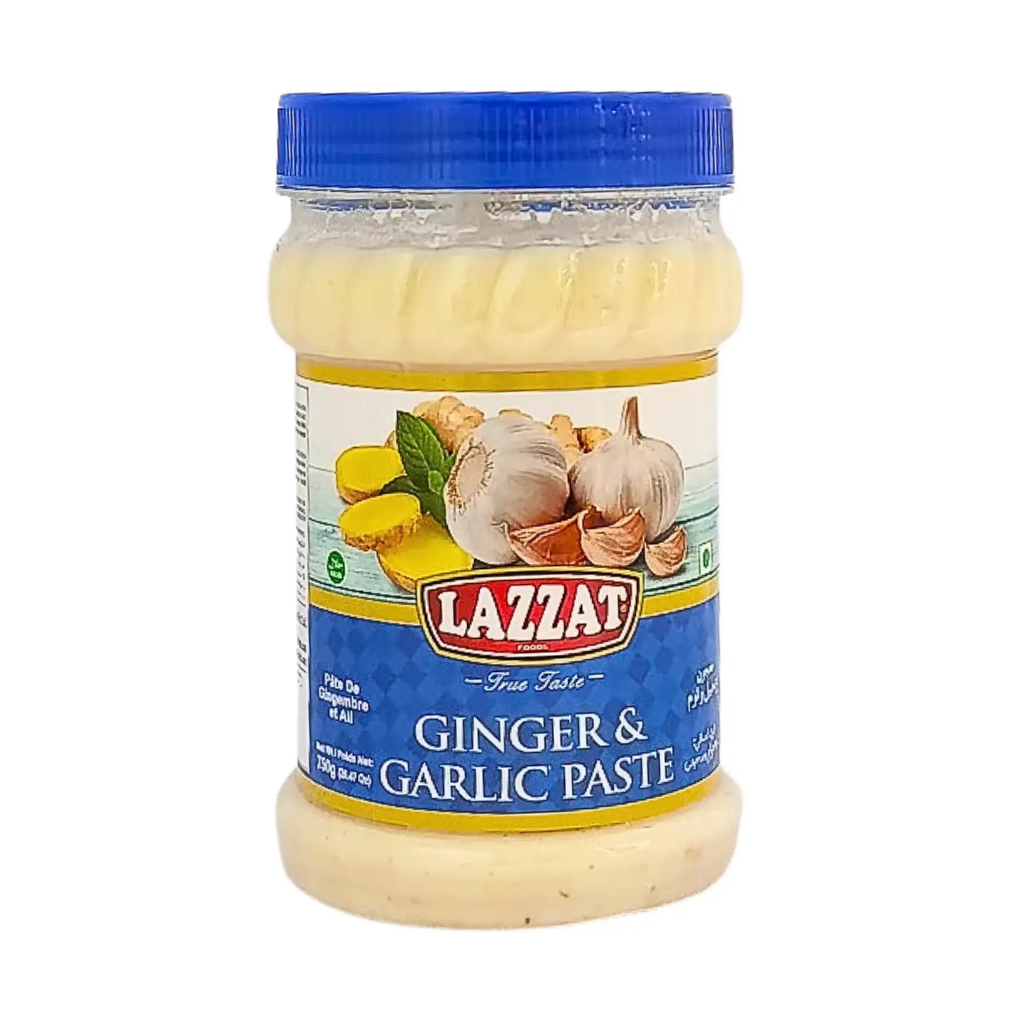 Burk Lazzat ingefära- och vitlökspasta 750g med blått lock och tydlig etikett
