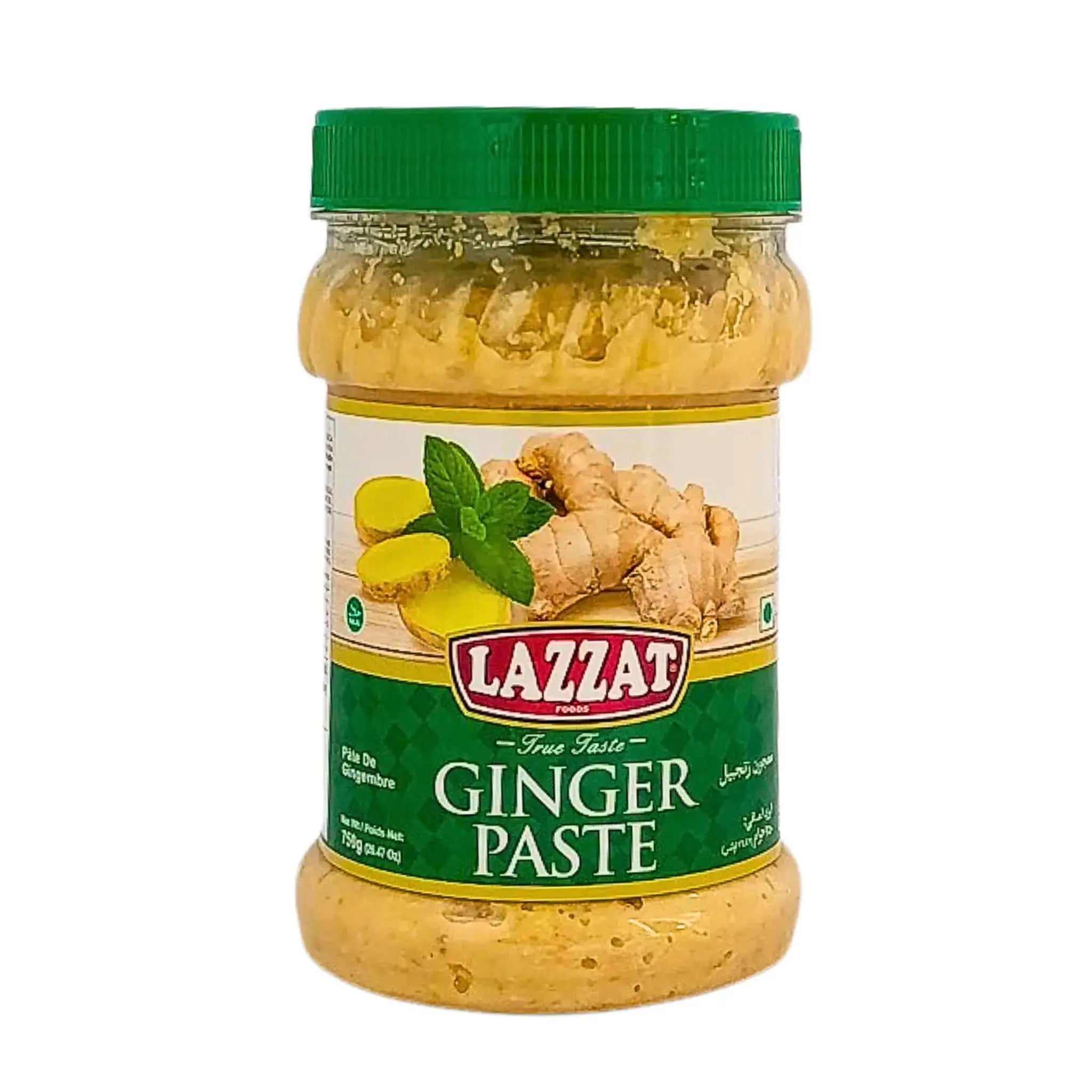 Burk med Lazzat ingefärspasta 750g, grön lock, bild på färsk ingefära på etiketten.