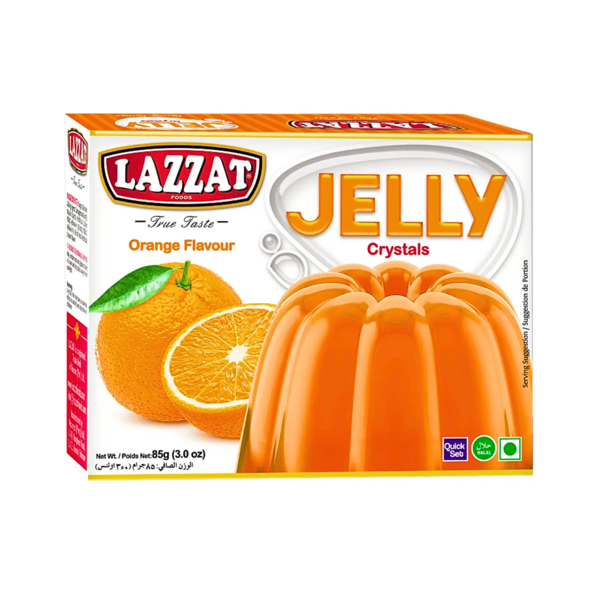 Lazzat apelsin gelékristaller 85g, förpackning med apelsin och gelé på vit bakgrund