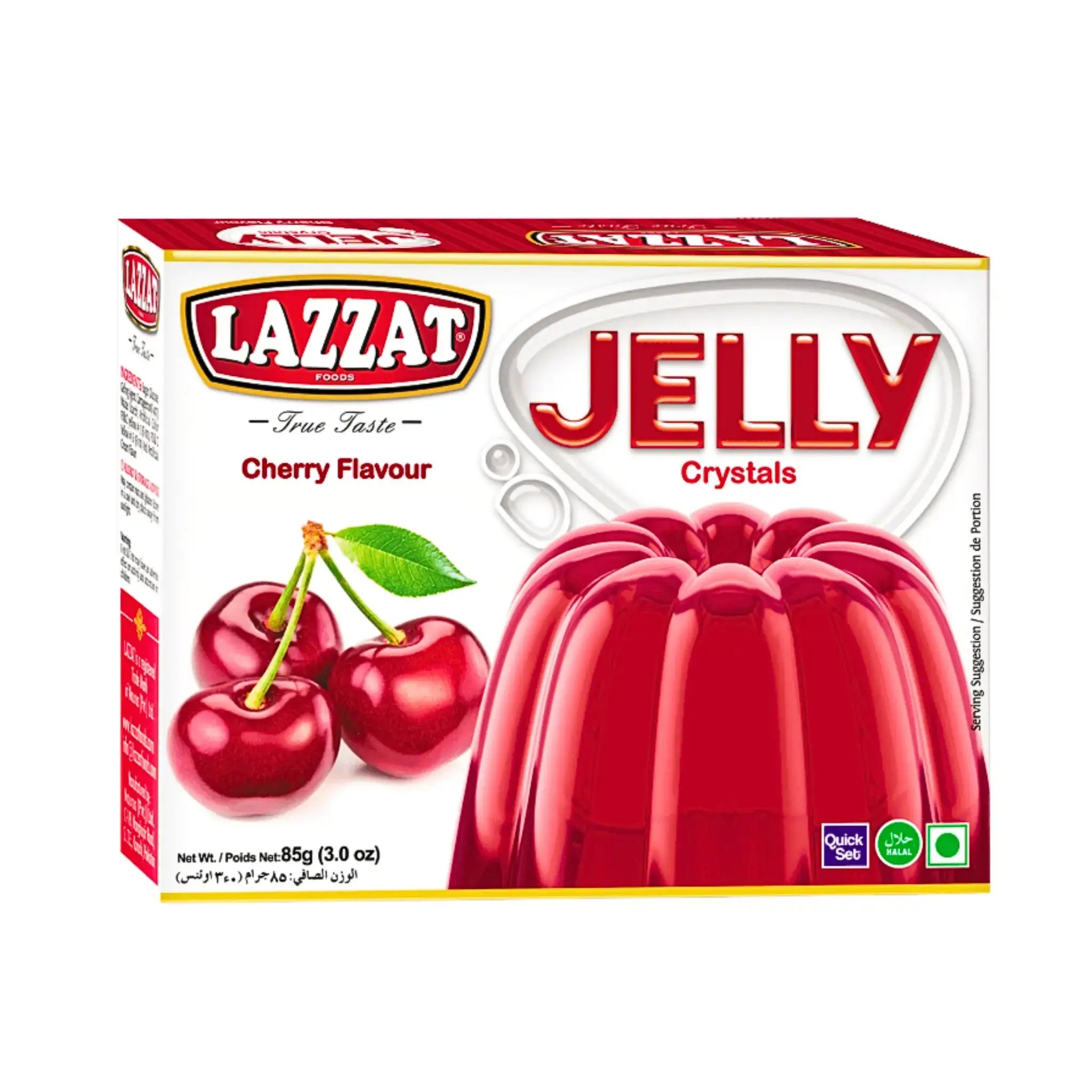 Lazzat körsbärsgelé 85g, förpackning med körsbär och gelé på vit bakgrund