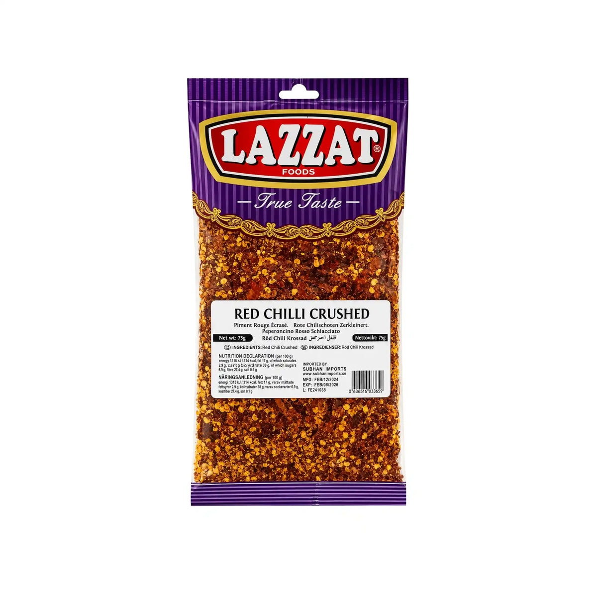 Lazzat krossad röd chili i påse, finfördelad chilipulver