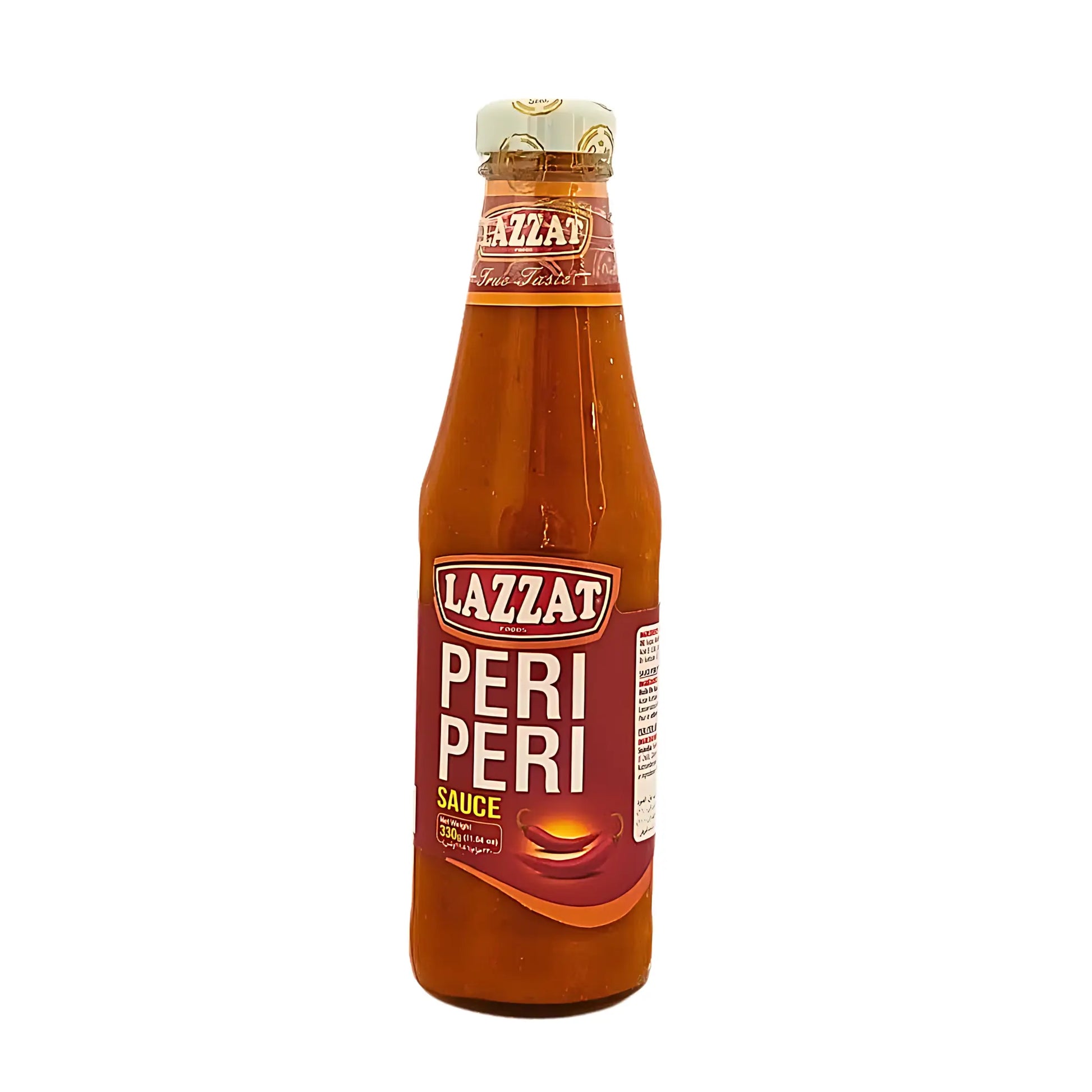 Flaska med kryddig Peri Peri sås, orientalisk smaksättare, 330g på vit bakgrund