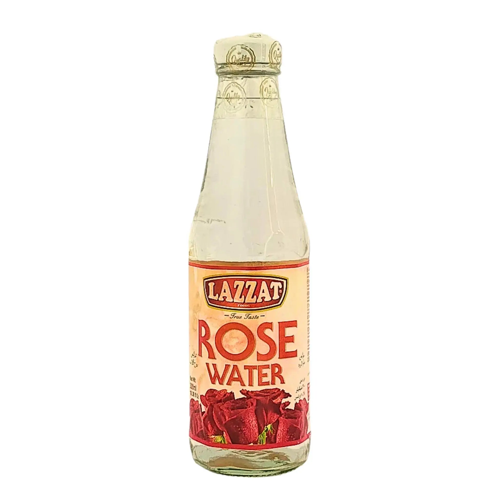 Lazzat rosenvatten 300 ml flaska med tydlig etikett och röda rosor