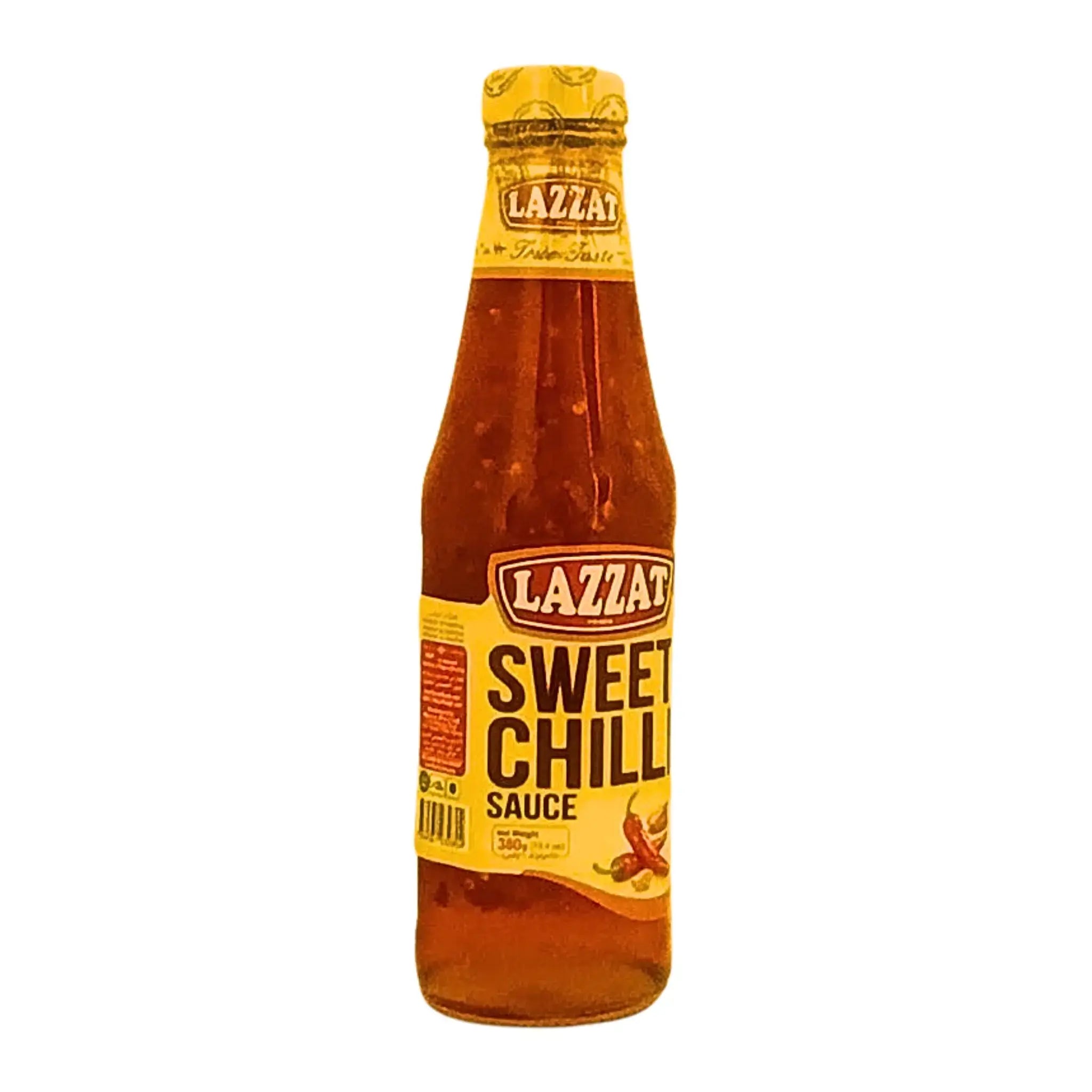 Flaska med Lazzat sweet chili sås 380g, asiatisk stark och söt chilisås på vit bakgrund