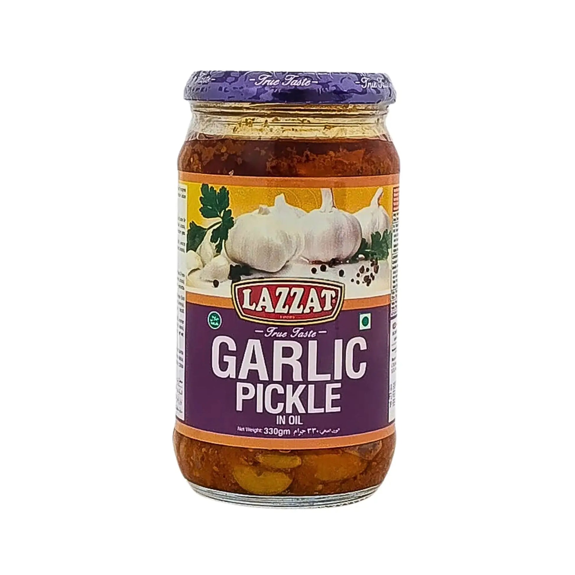 Burk med Lazzat vitlökspickles i olja, 330g, mot vit bakgrund.