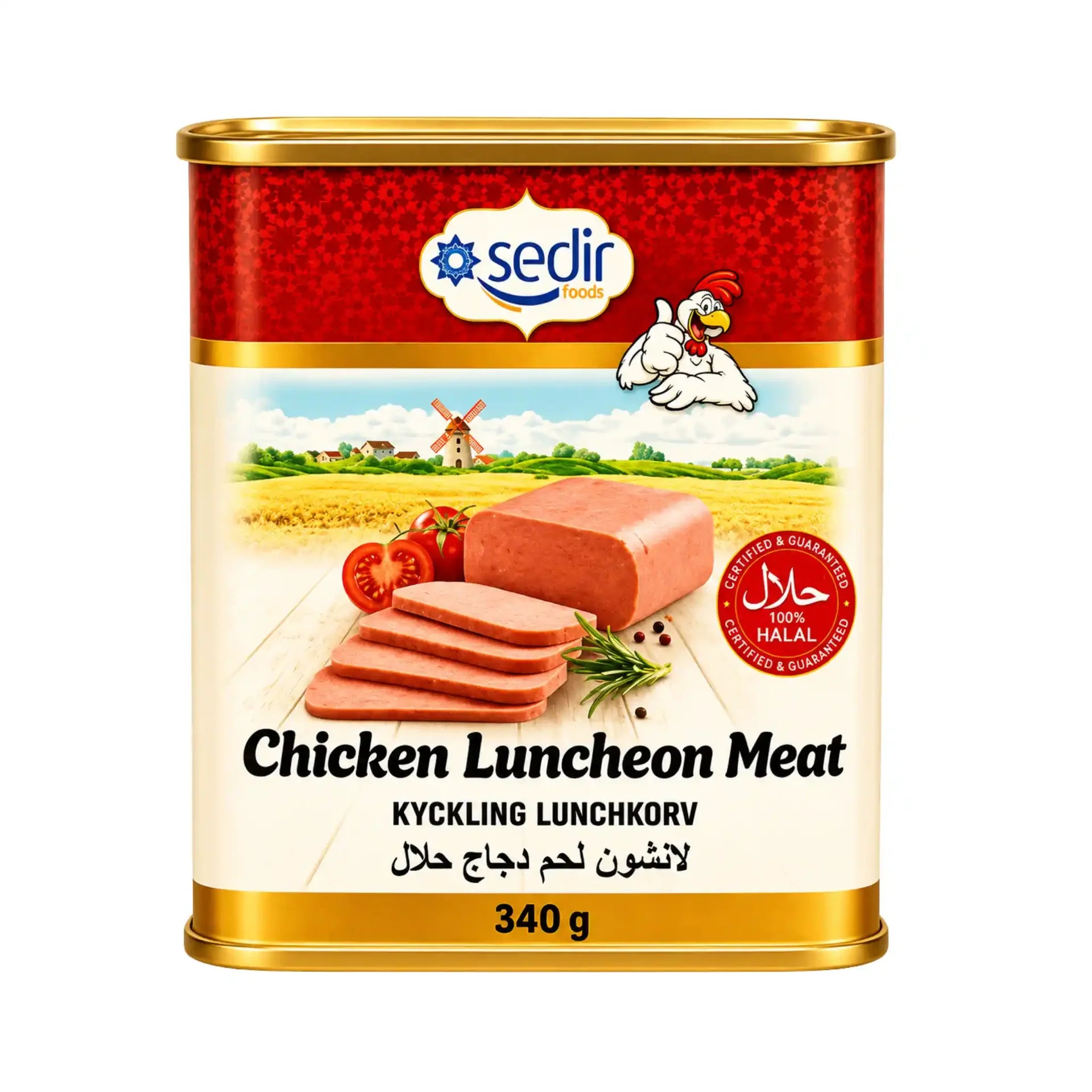 Kycklingluncheonkött i metallburk, 340 g, med guldlock