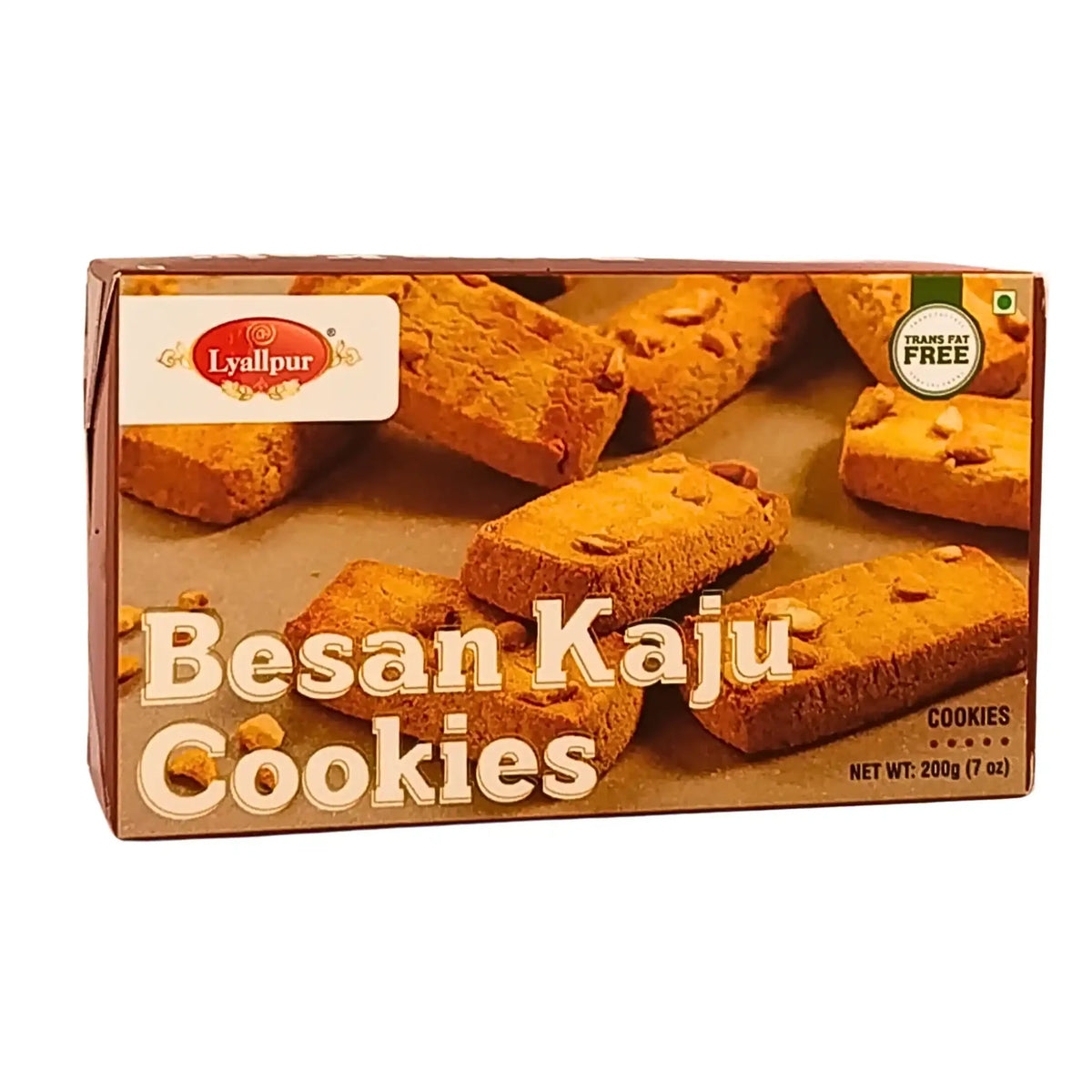 Förpackning med Besan Kaju Cookies, rektangulära kex med cashewnötter, 200g