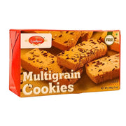 Förpackning med Lyallpur multigrain kakor, synliga kex med frön, 200g, orange och röd design