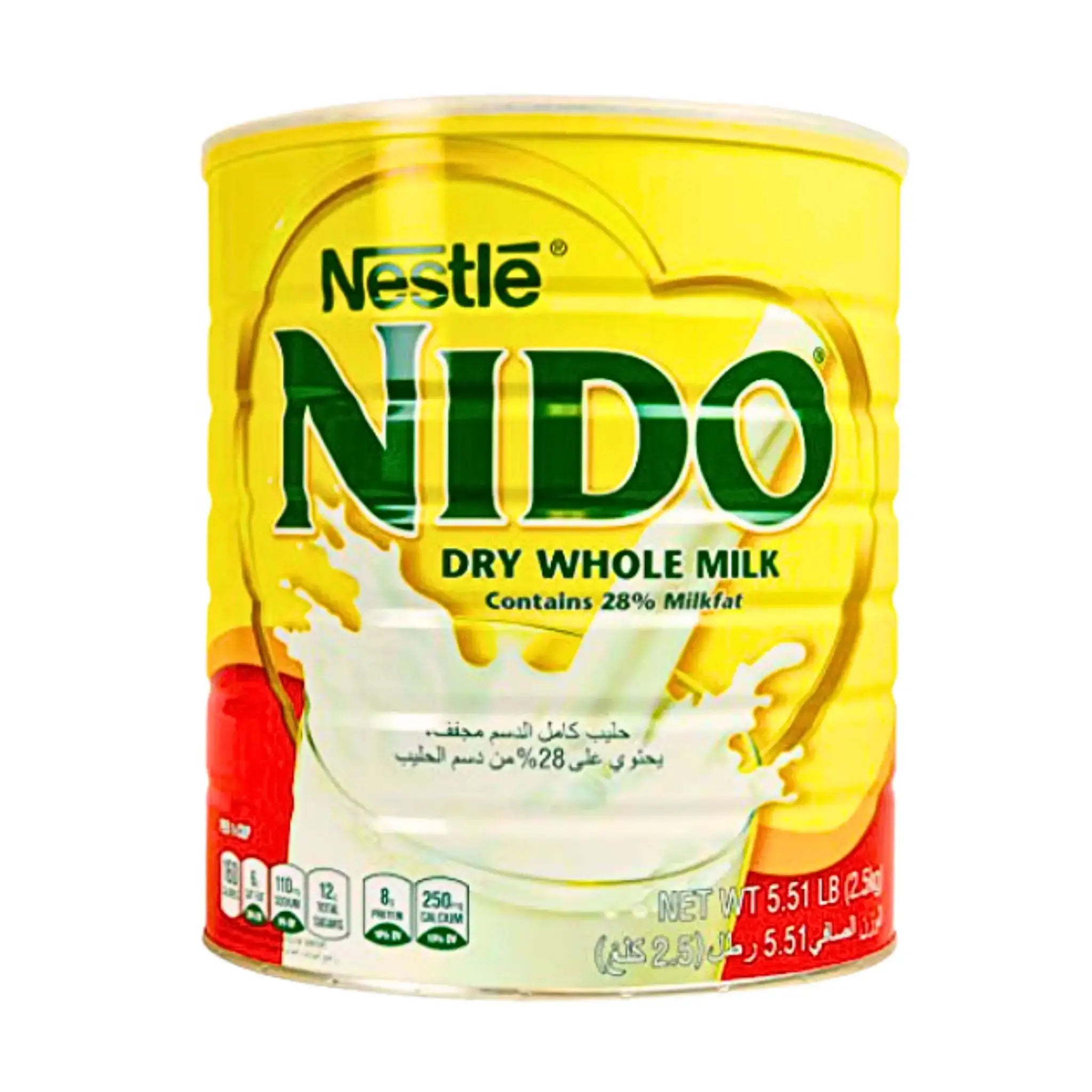Gul burk med Nido torr helmjölkspulver 2500g, tydlig text på framsidan, mjölkskvättmotiv