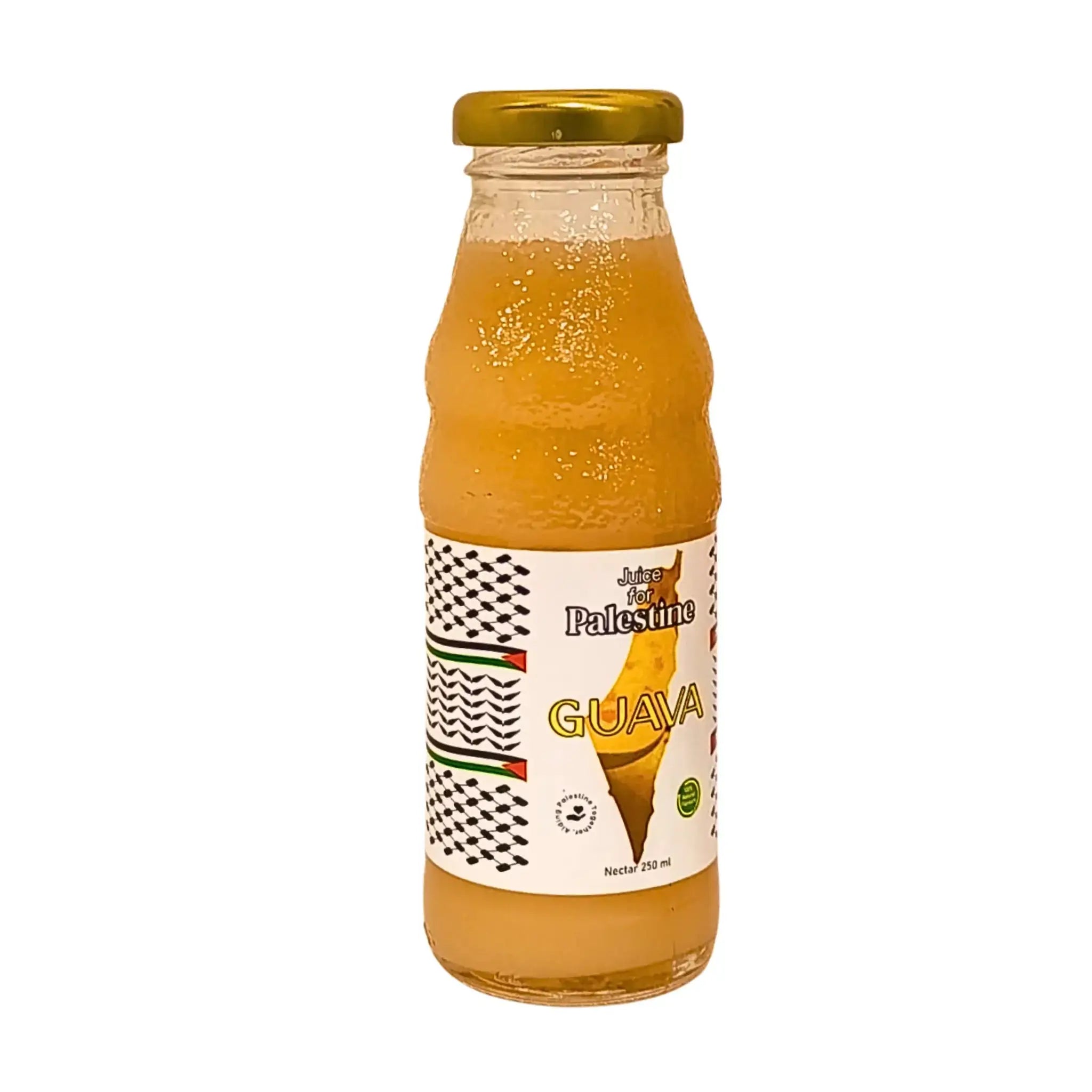 Glasflaska med guavanektar 250 ml, tydlig etikett med Palestina-motiv och orientaliska mönster.