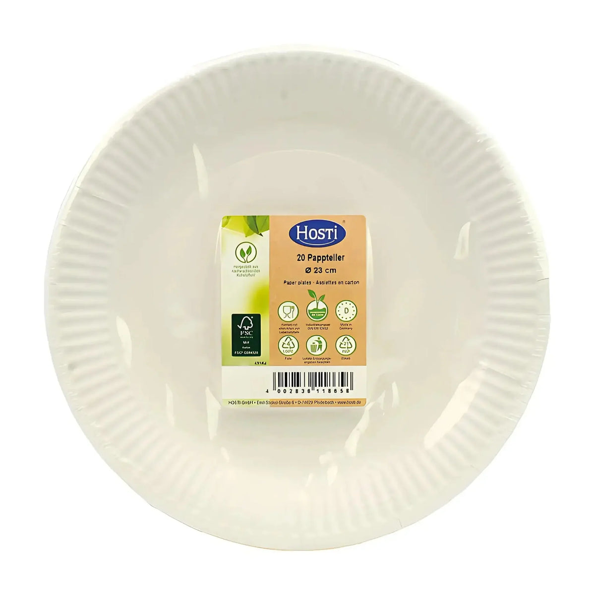Vita papperstallrikar 23 cm 20-pack, miljövänliga engångstallrikar med FSC-märkning.