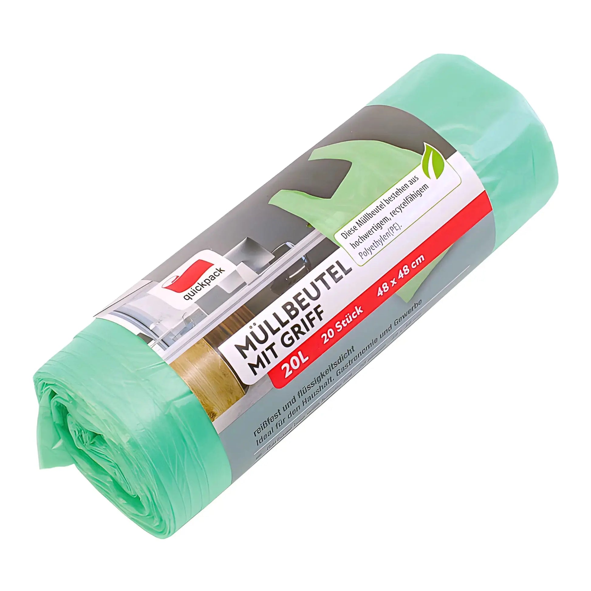 Gröna soppåsar med handtag, rulle 20L, 20 stycken, av återvinningsbar plast.