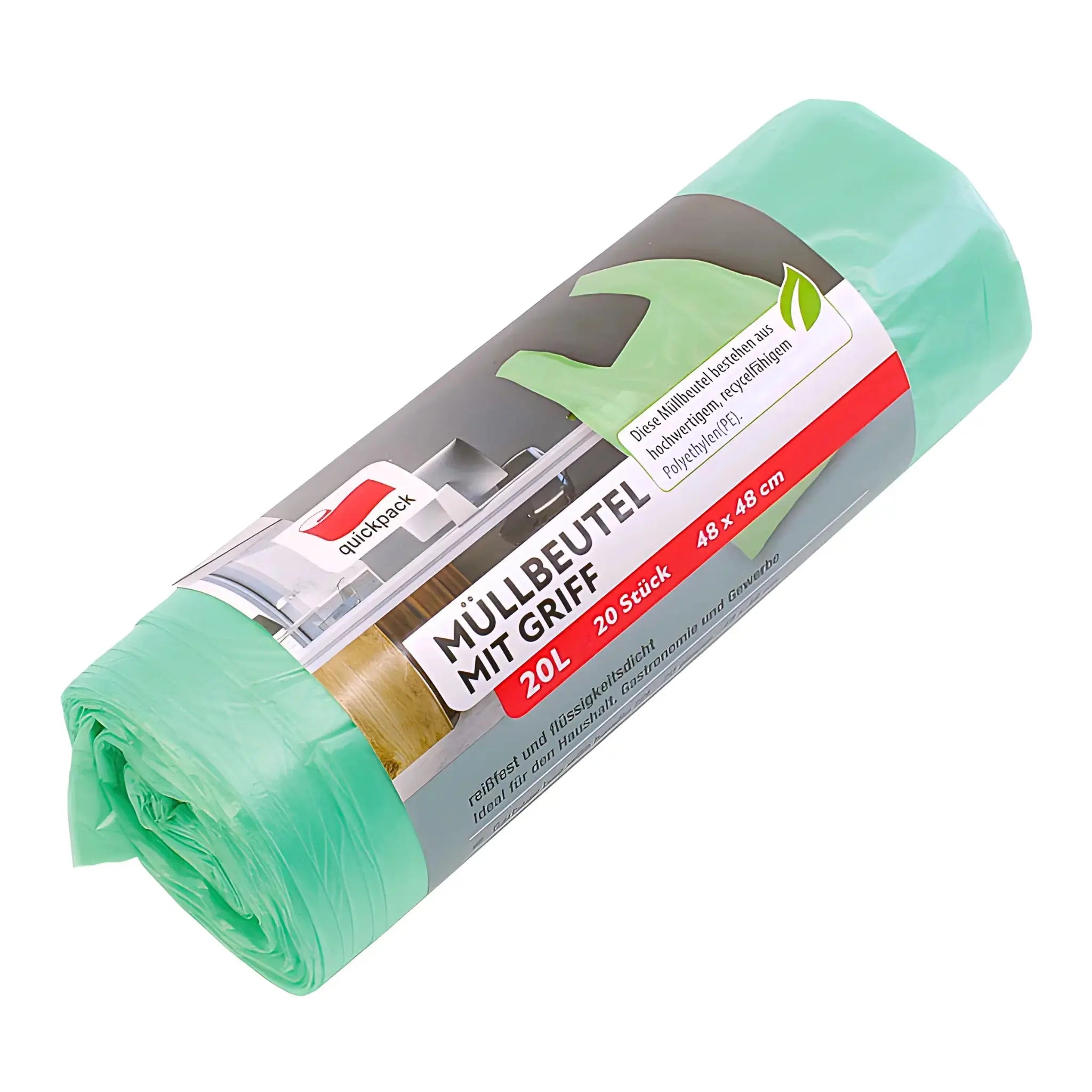 Gröna soppåsar med handtag, rulle 20L, 20 stycken, av återvinningsbar plast.