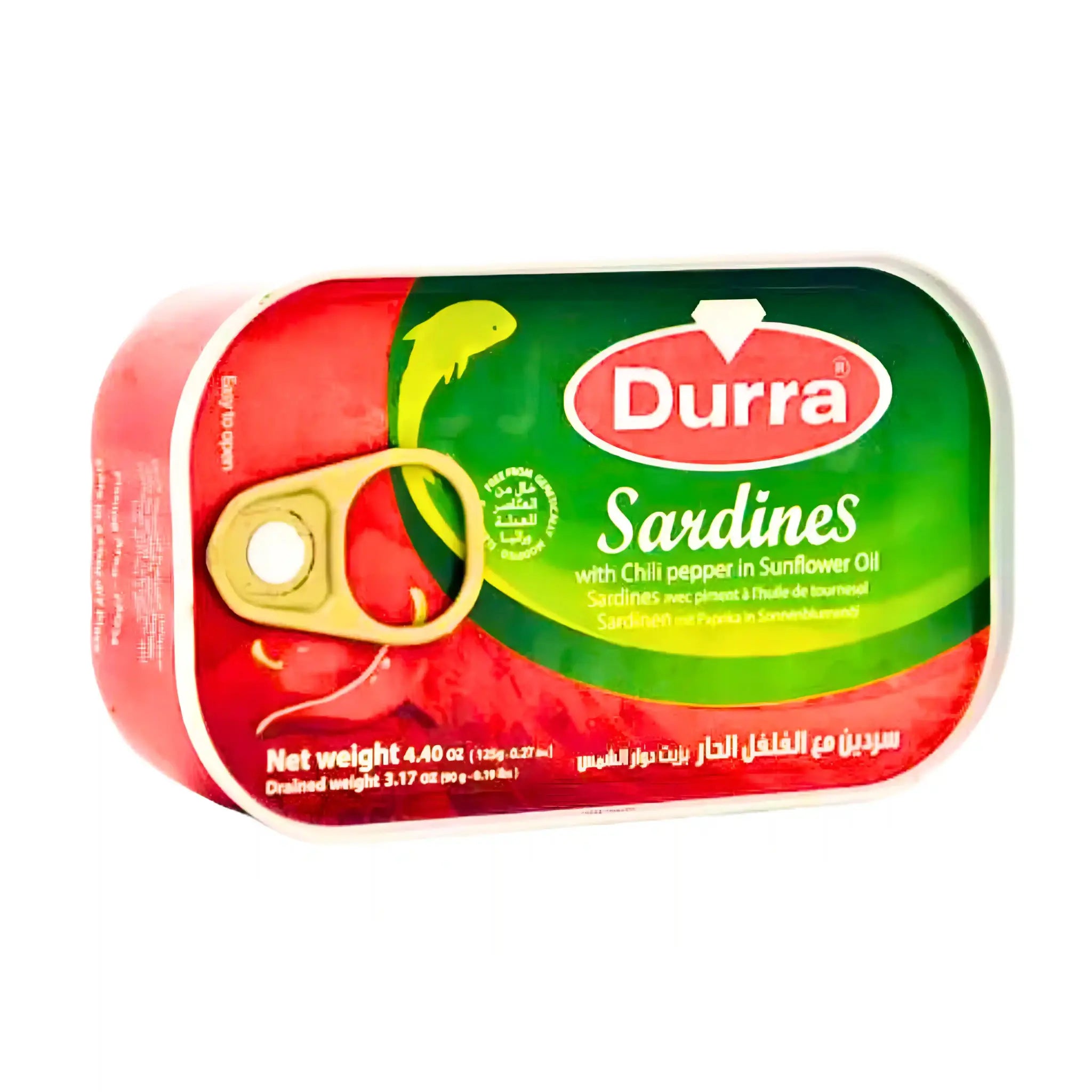 Durra sardiner med chilipeppar i solrosolja, konservburk med grön och röd etikett.