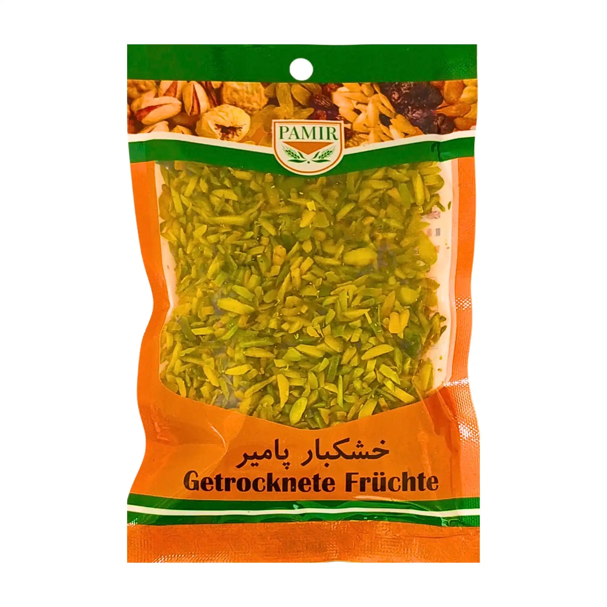 Påse med snittade pistagenötter, orientaliska nötter i genomskinlig förpackning.